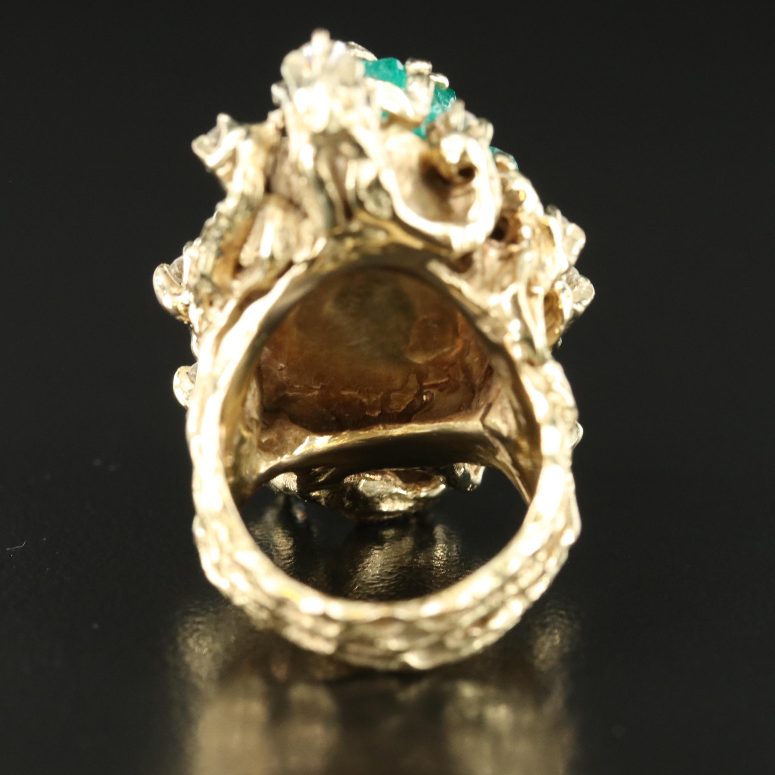 Brutalist 14K Emerald and Diamond Bark Textured Ring