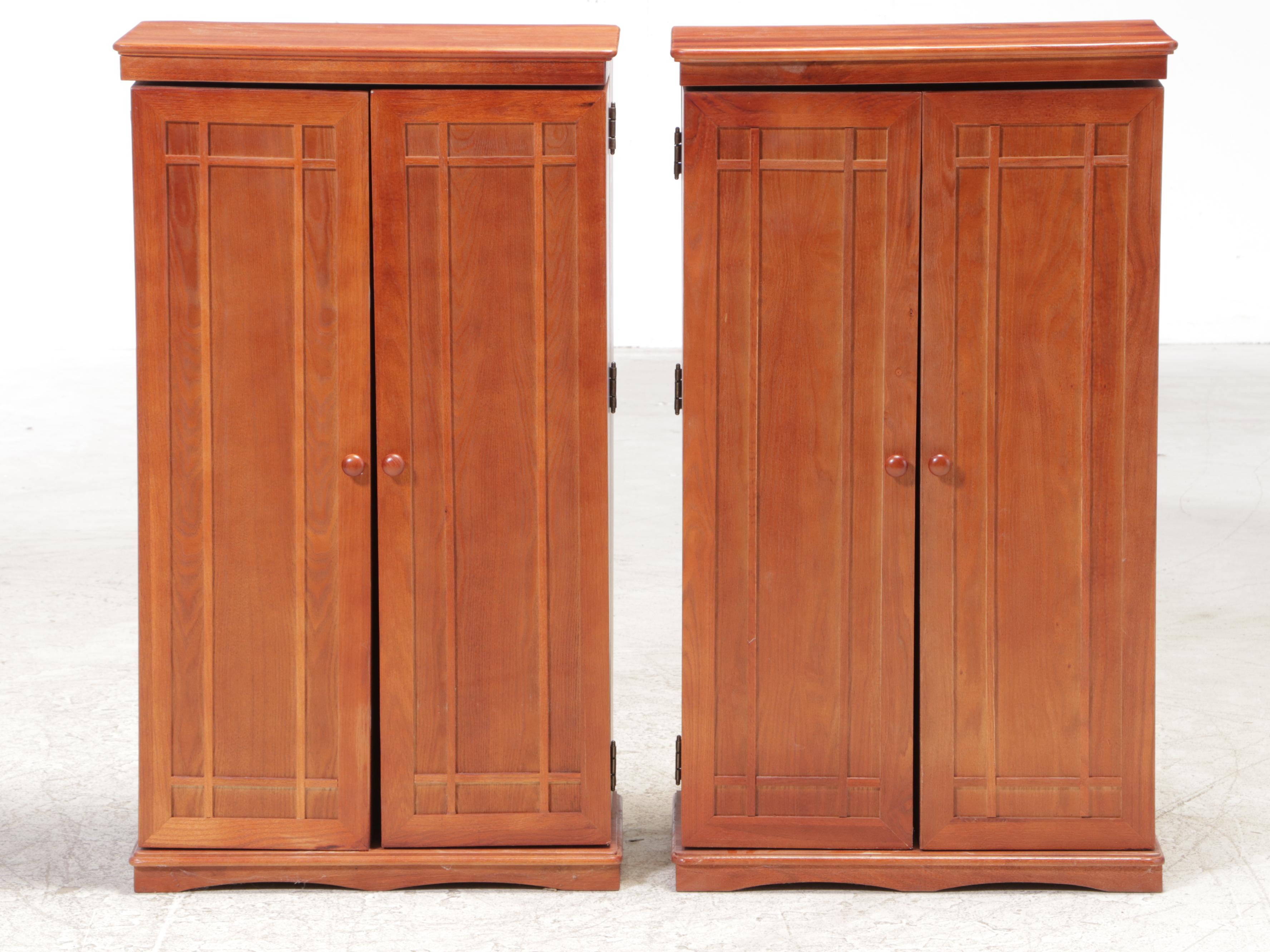 Pair of Arts and Crafts Style Oak-Veneered Media Storage Cabinets