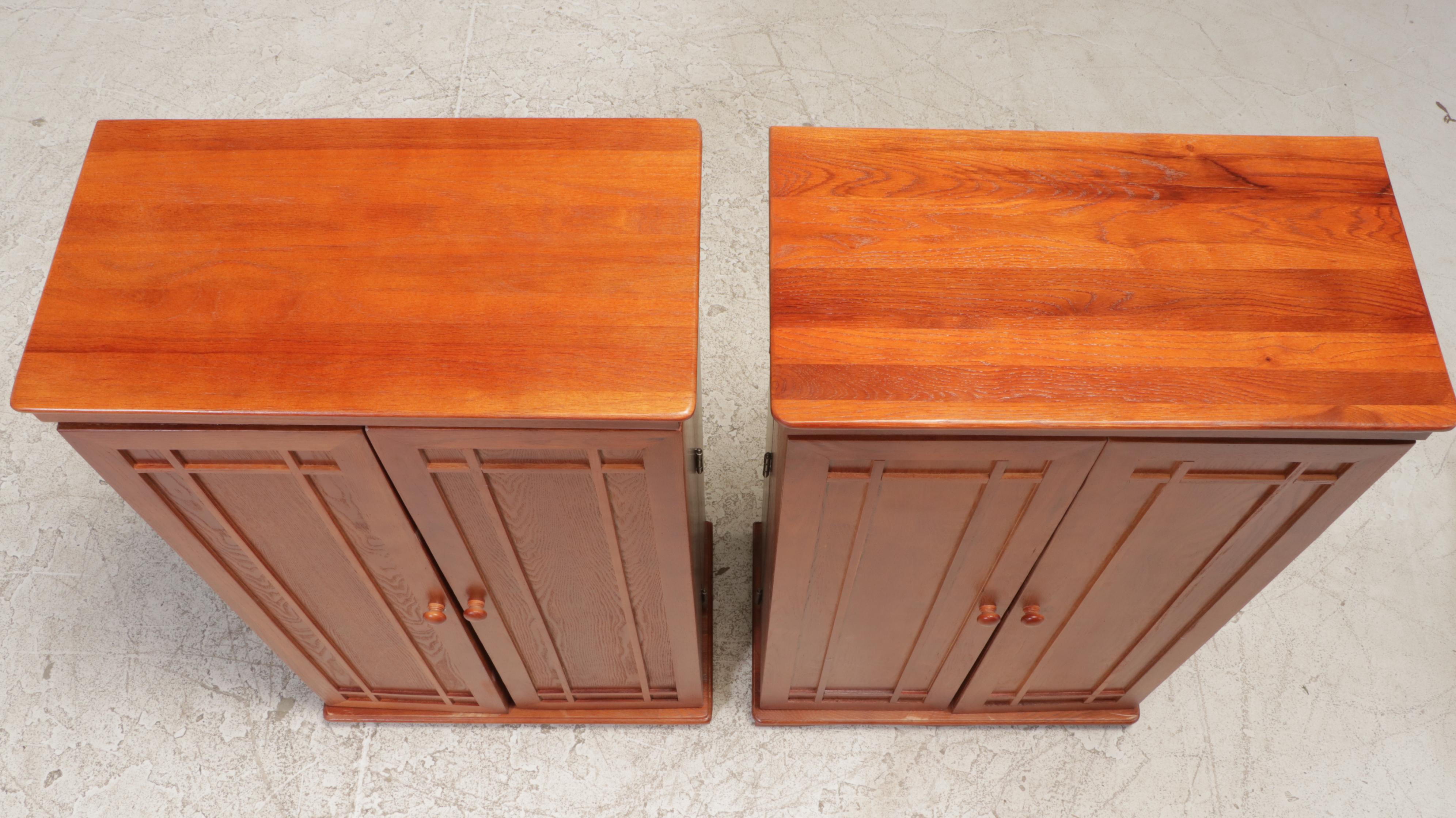 Pair of Arts and Crafts Style Oak-Veneered Media Storage Cabinets
