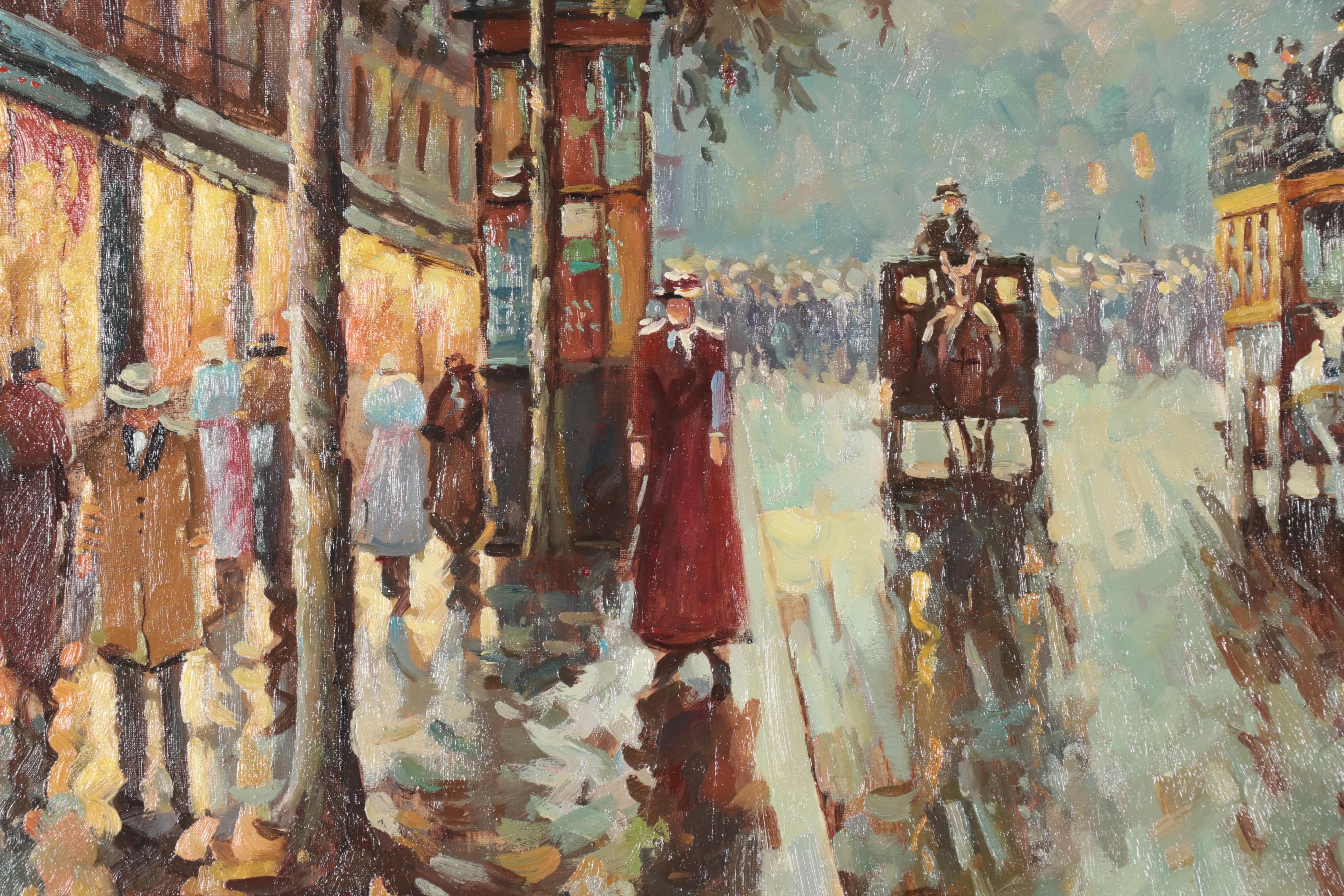 Large-Scale Street Scene Oil Painting, Circa 2000