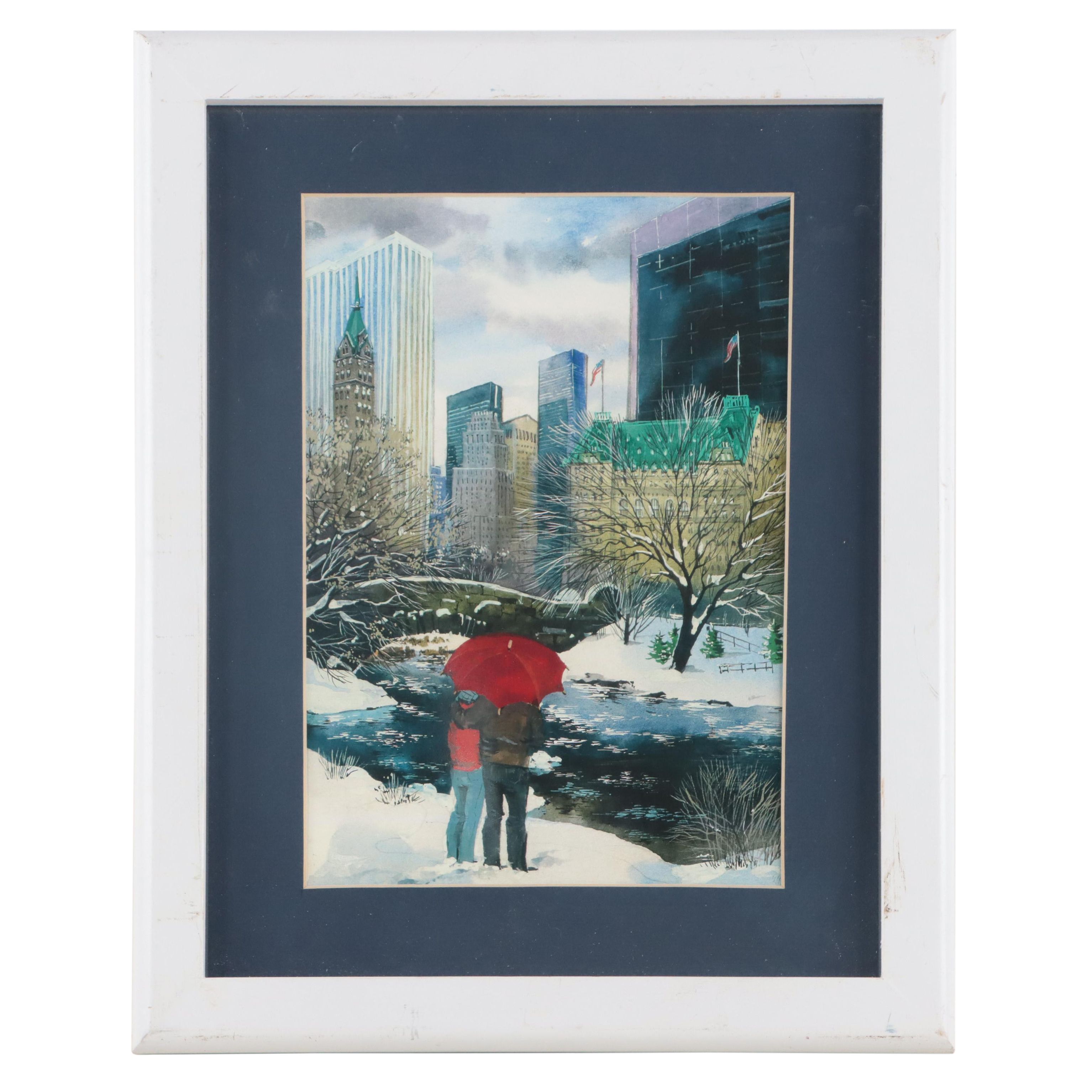 Offset Lithograph of Winter Central Park Scene, Late 20th to 21st Century