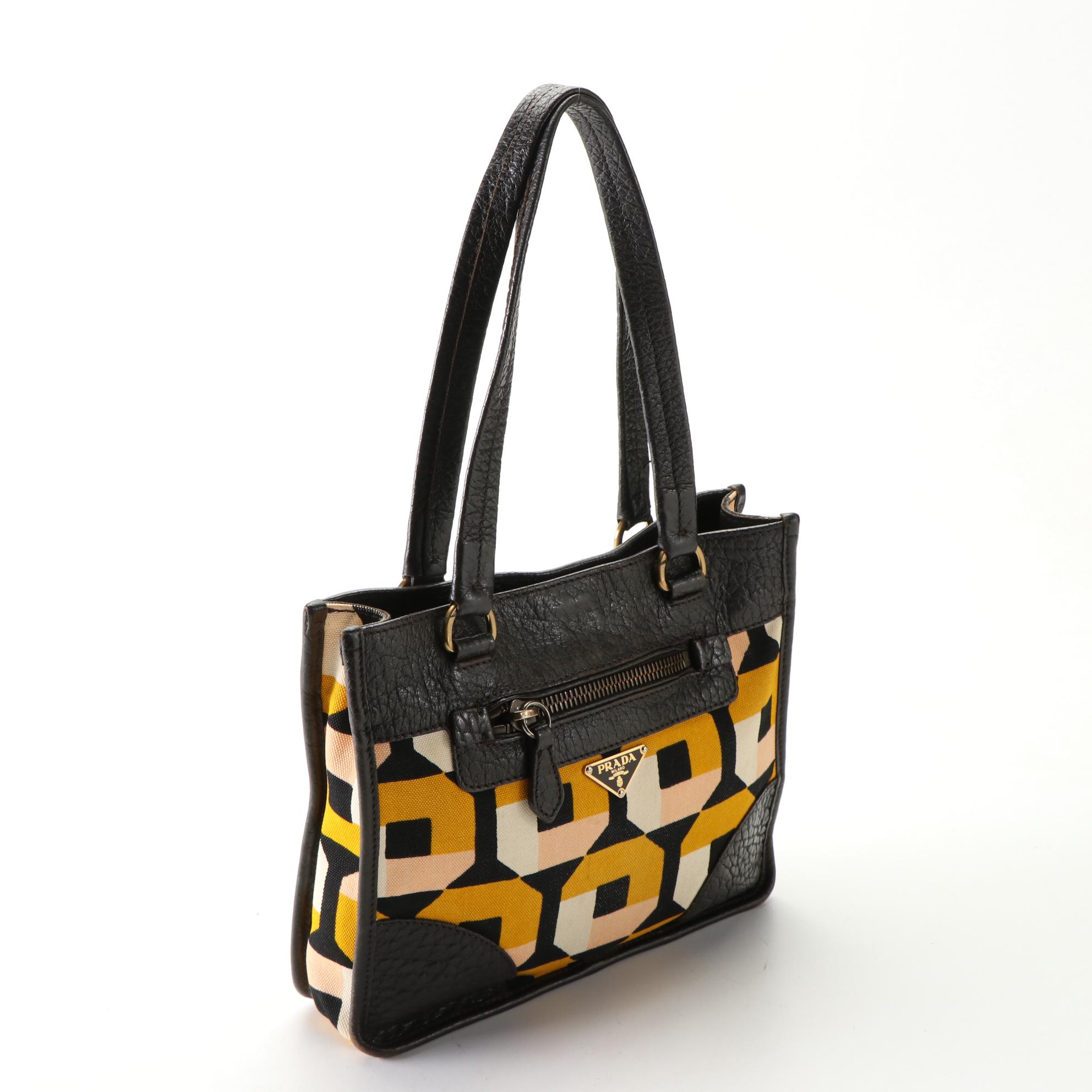 Prada Small Tote Bag in Graphic Print Canaba Ebano and Grain Leather