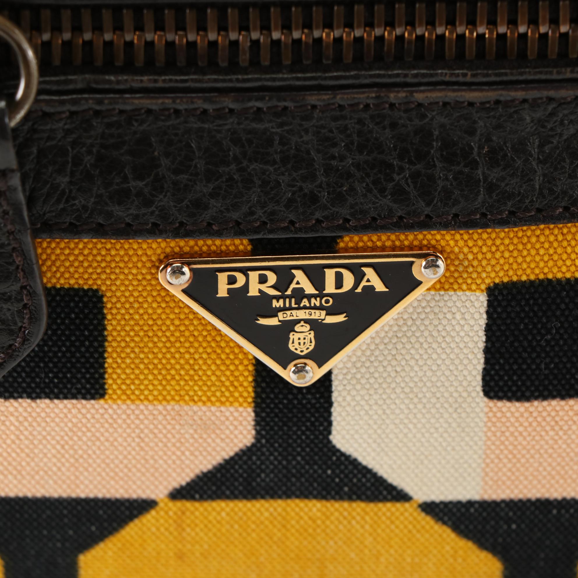 Prada Small Tote Bag in Graphic Print Canaba Ebano and Grain Leather