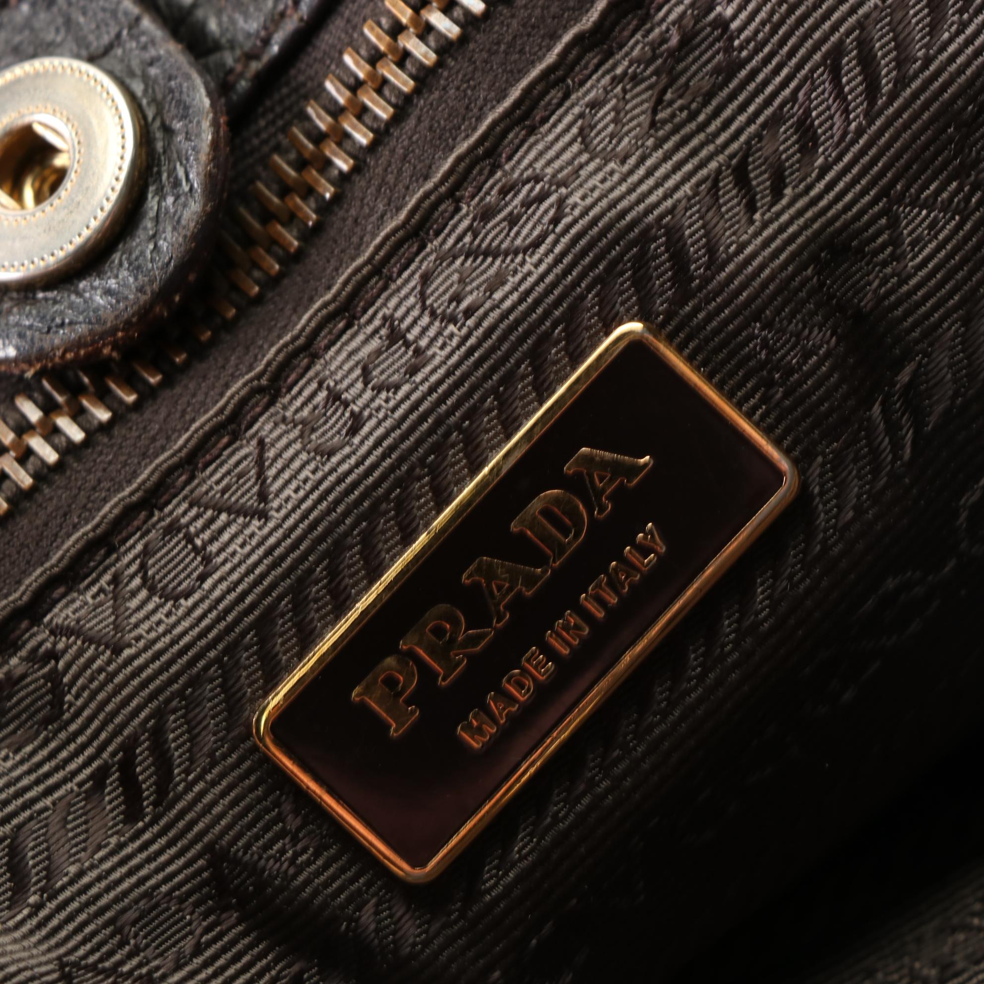 Prada Small Tote Bag in Graphic Print Canaba Ebano and Grain Leather