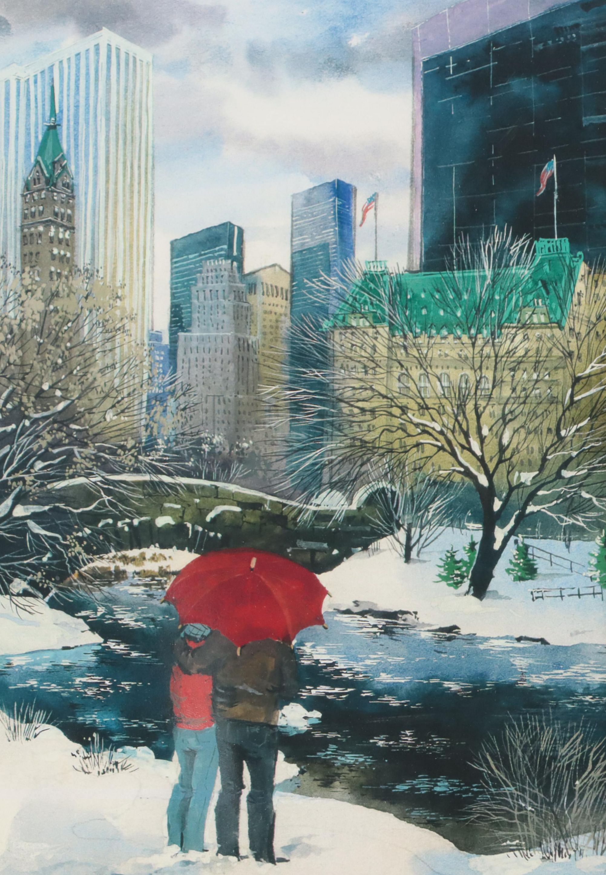 Offset Lithograph of Winter Central Park Scene, Late 20th to 21st Century