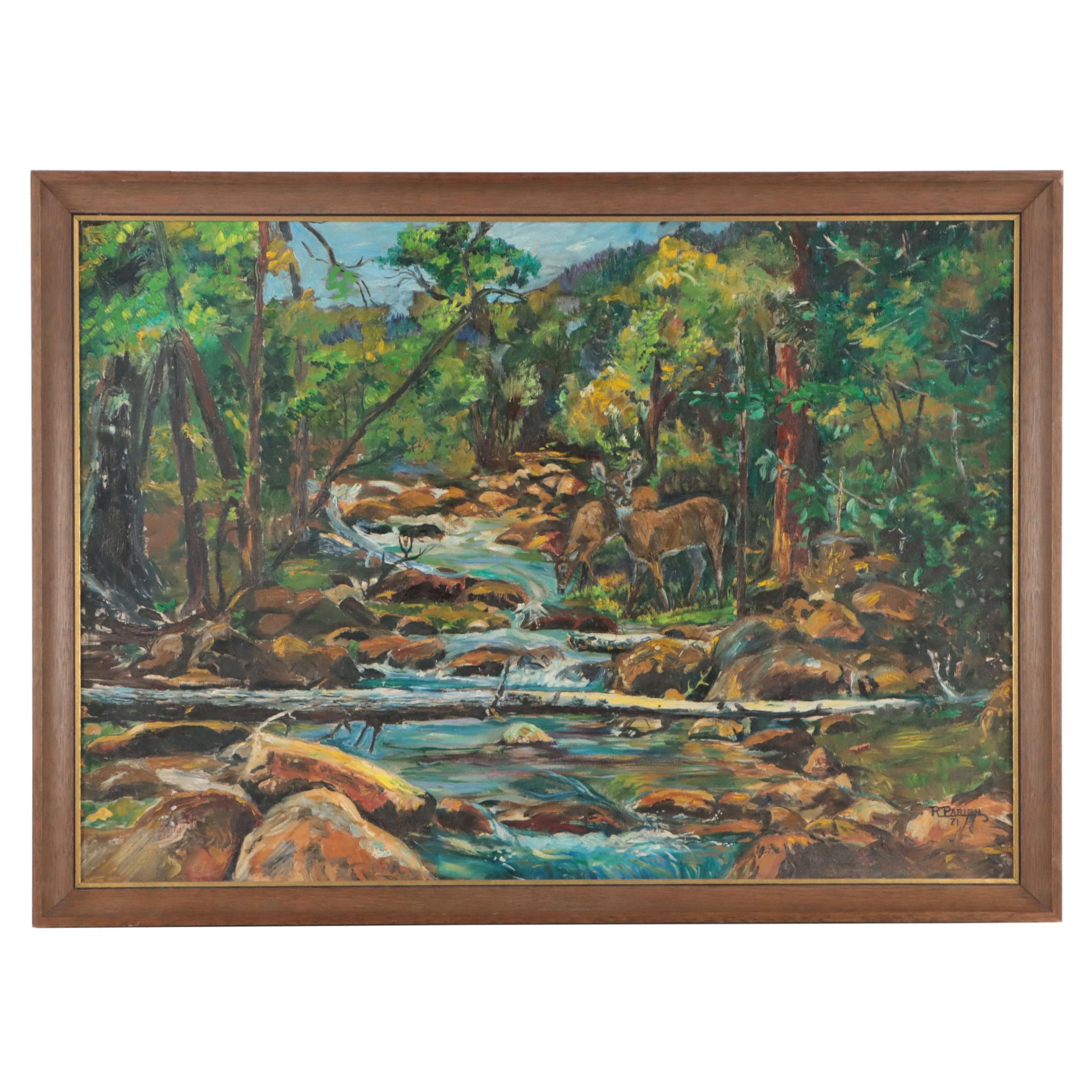 R. Parish Stream Landscape Oil Painting, 1971