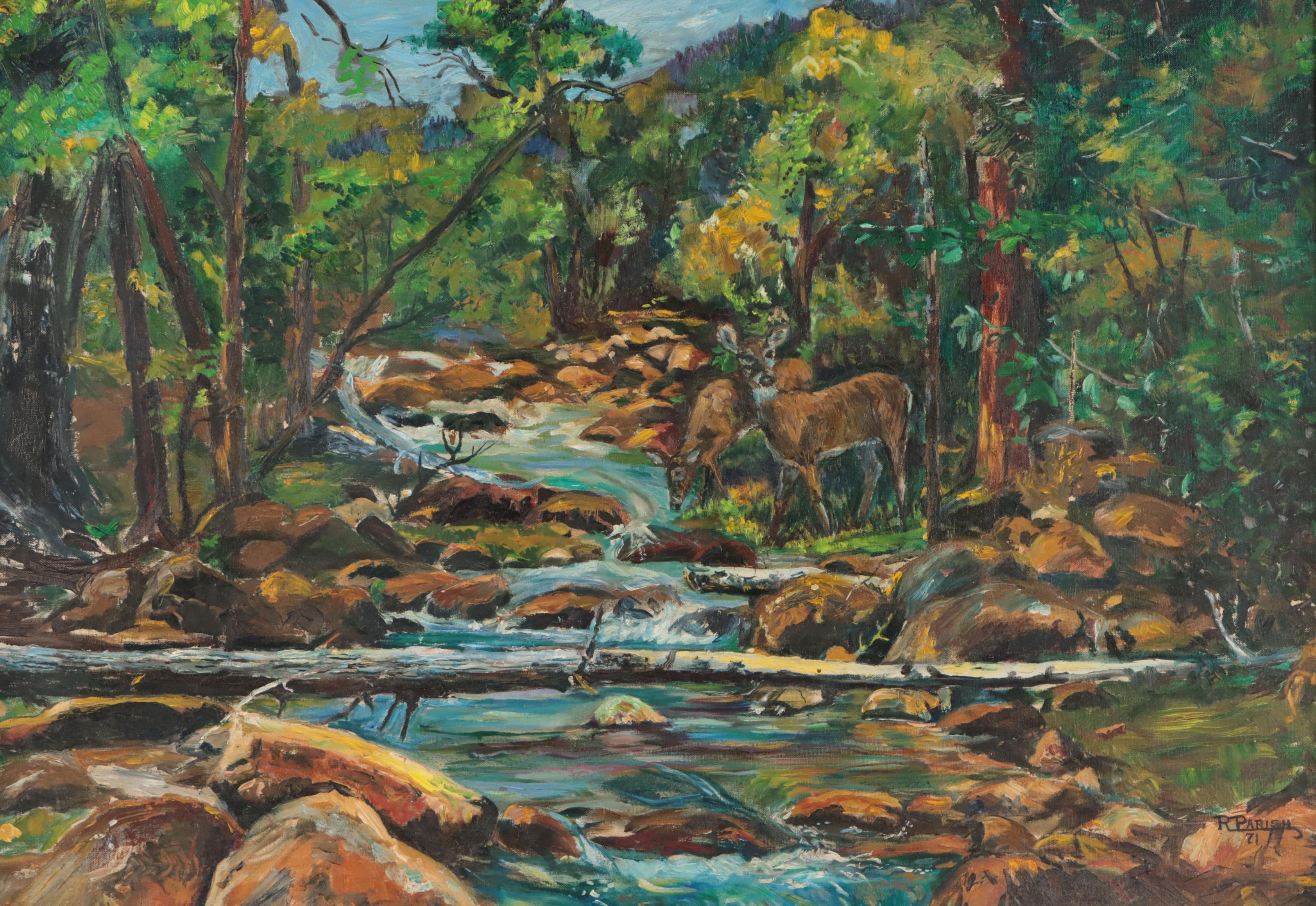 R. Parish Stream Landscape Oil Painting, 1971