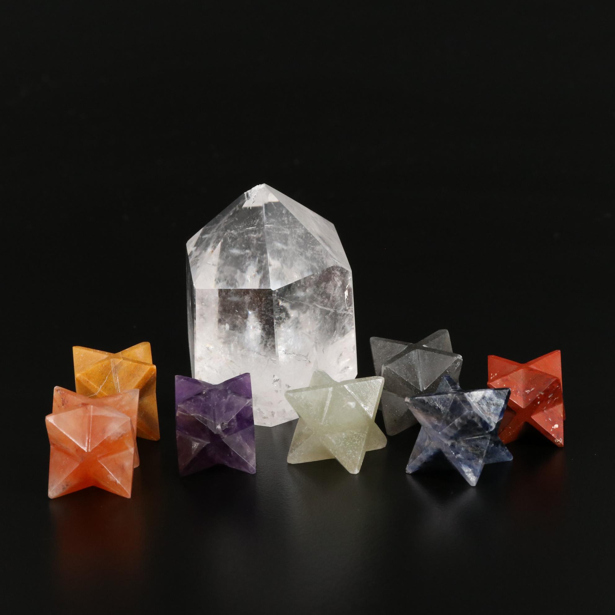 Faceted Rock Crystal Quartz with Amethyst and Jasper Merkaba Star Crystals