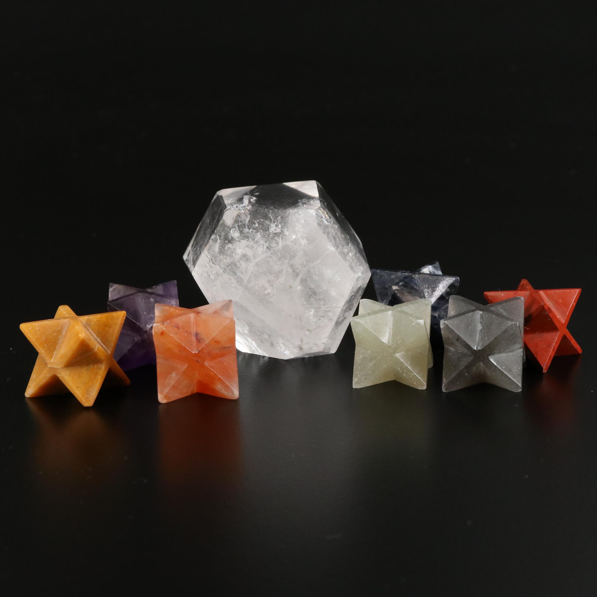 Faceted Rock Crystal Quartz with Amethyst and Jasper Merkaba Star Crystals