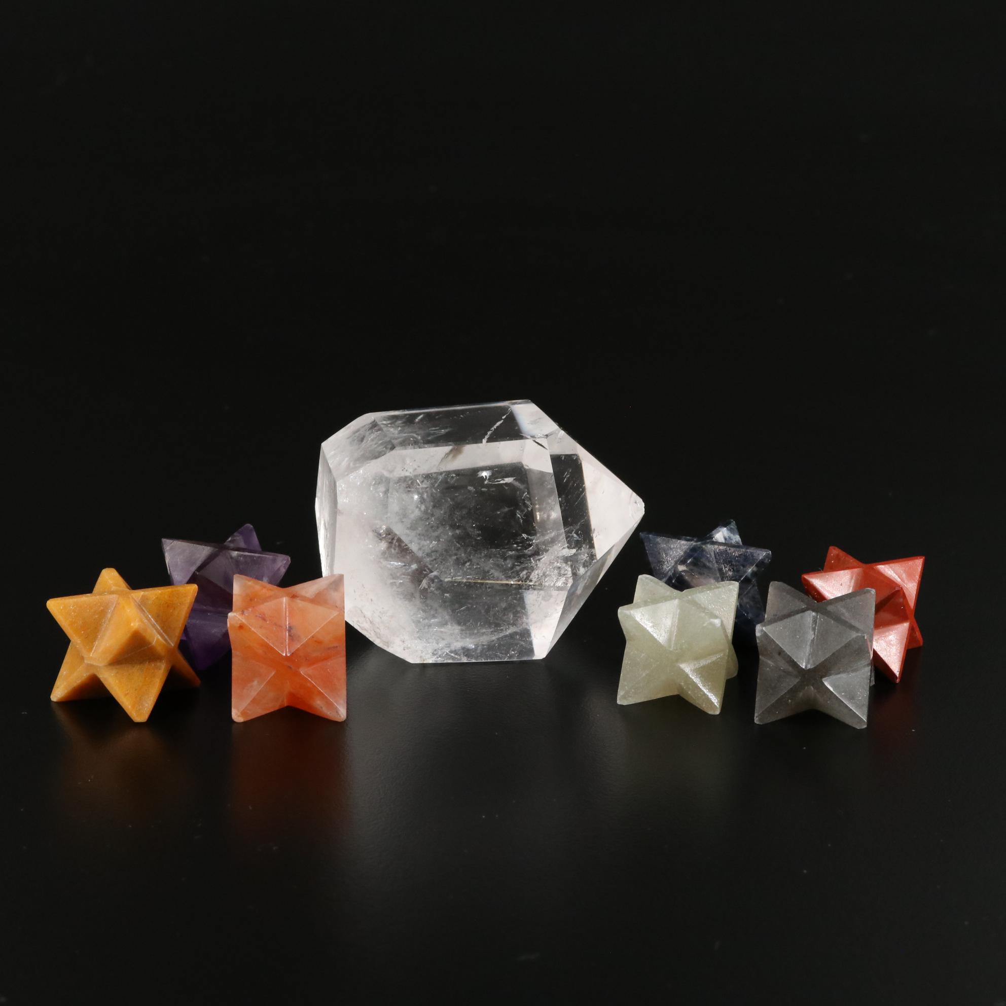 Faceted Rock Crystal Quartz with Amethyst and Jasper Merkaba Star Crystals