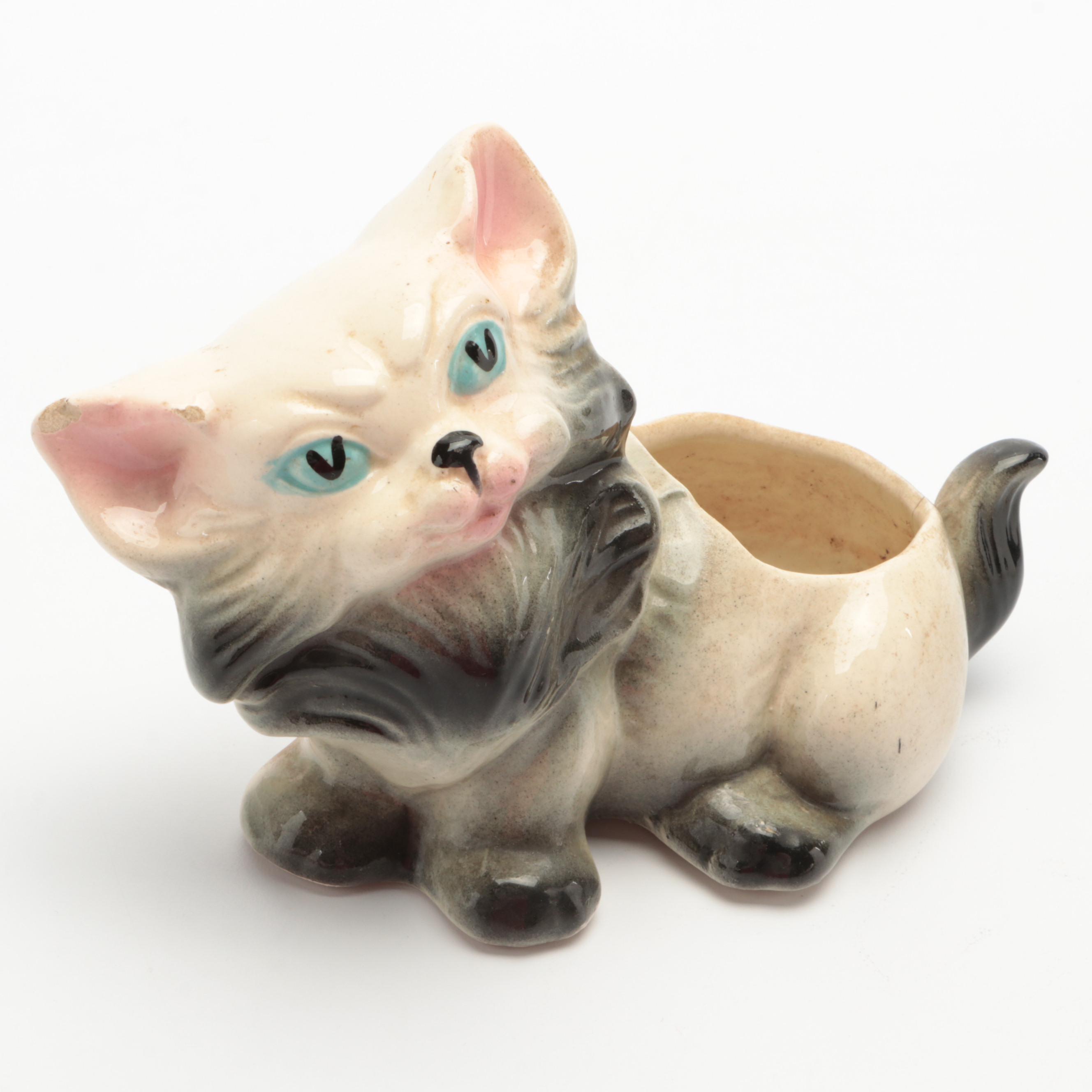 Japanese Ceramic Siamese Cat Figurines with Animal Planter Vases, Mid-20th C.