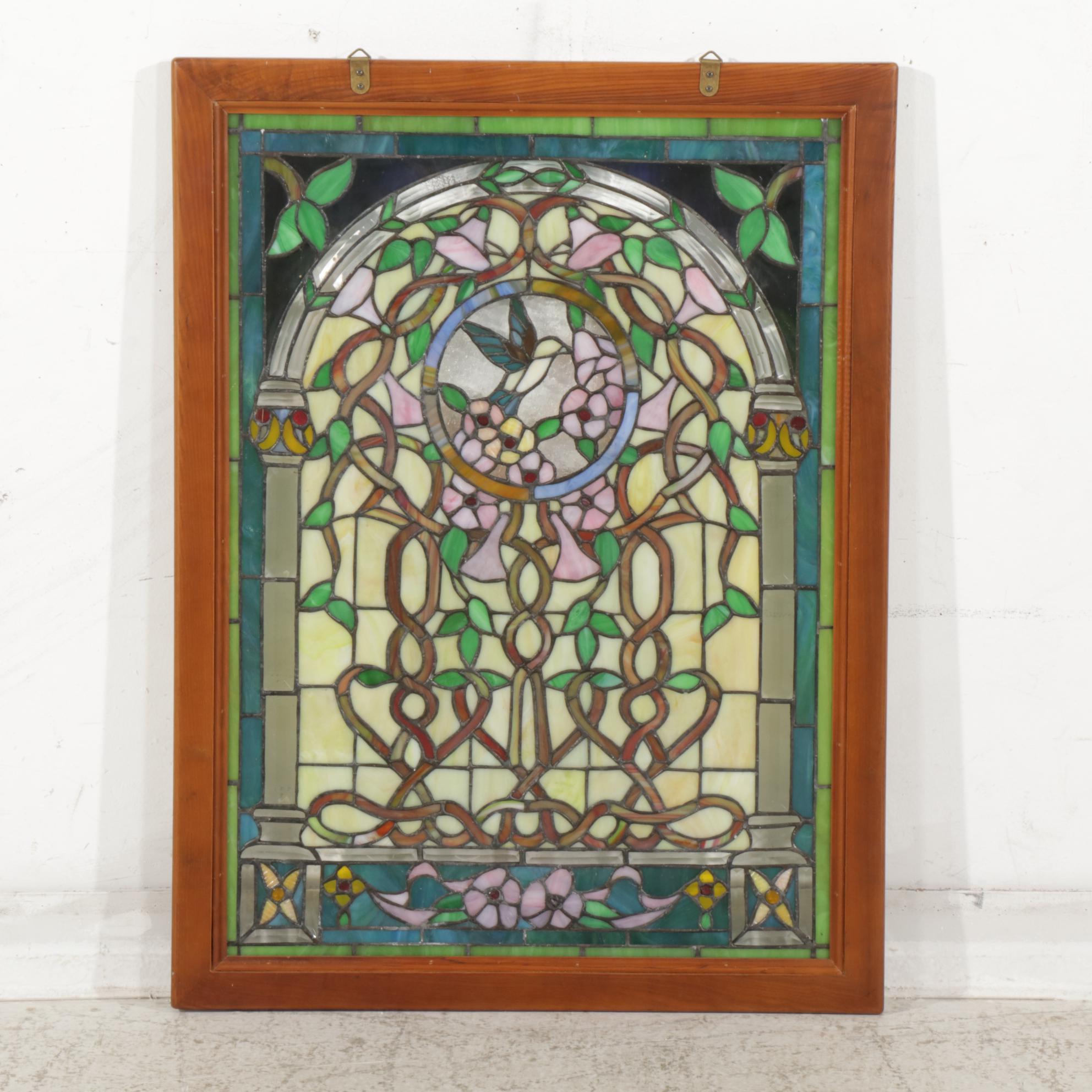 Framed Art Nouveau Style Stained Glass Window Panel