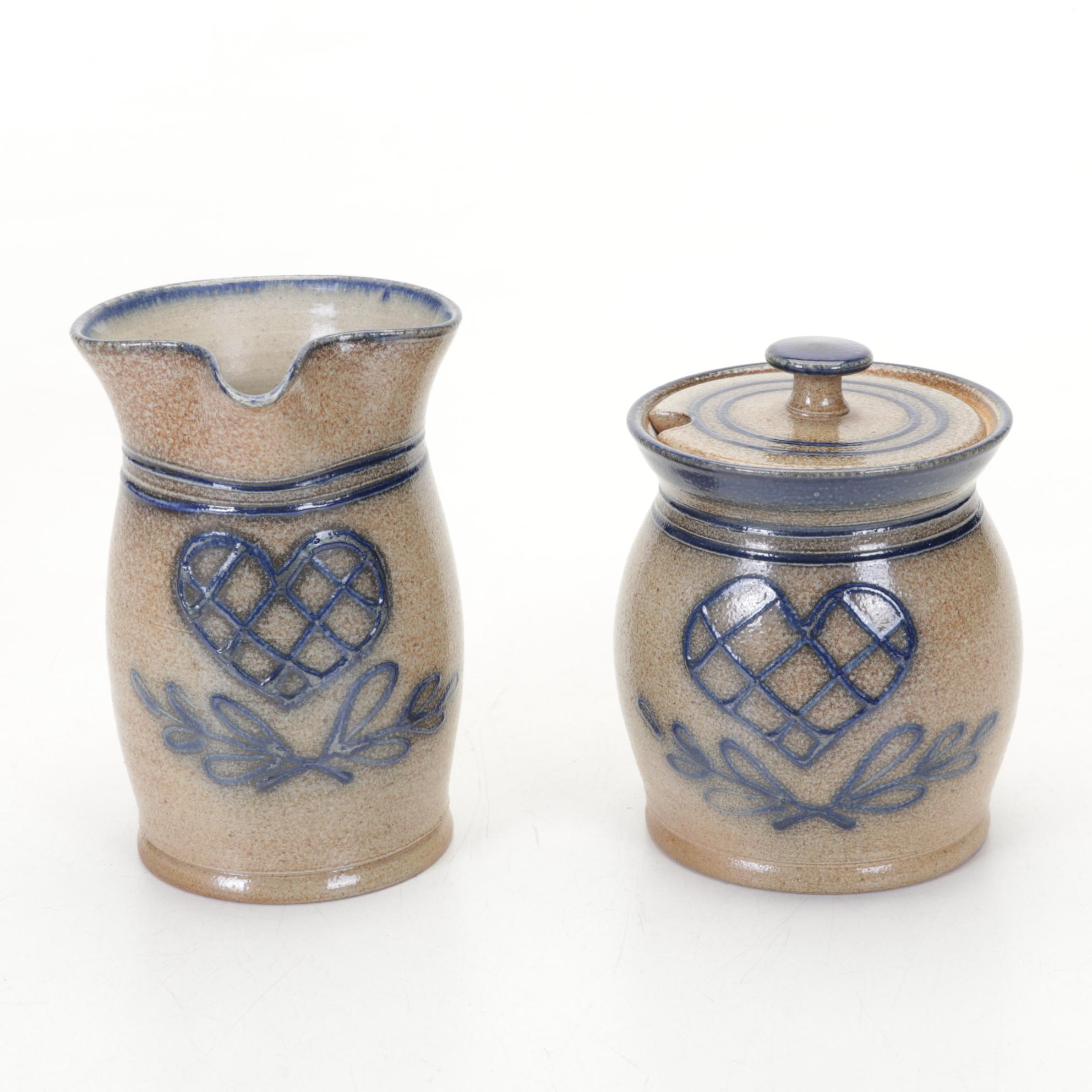 Salt O Thee Earth Pottery Salt-Glazed Lamp, Pitcher, and Honey Pot, 1990s