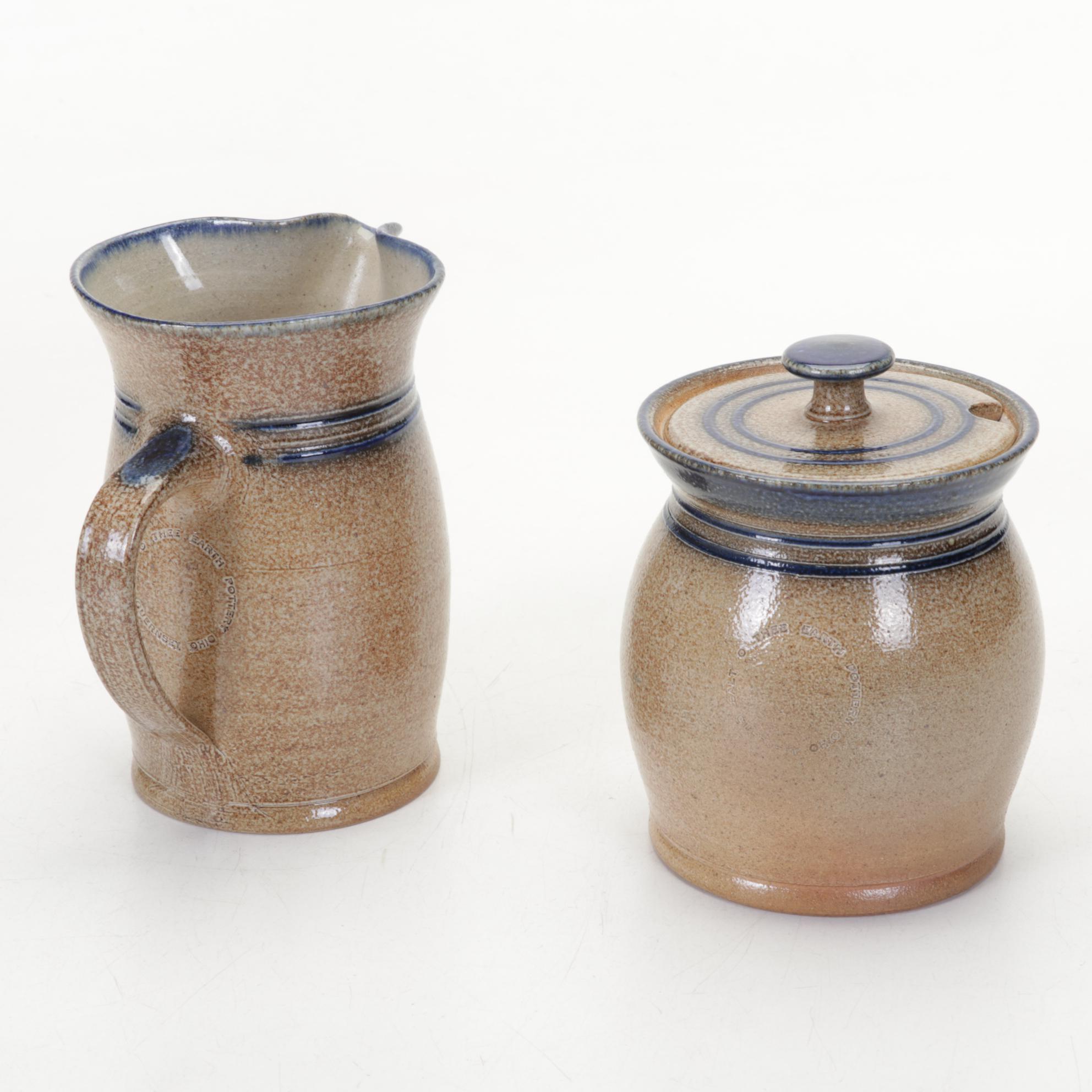 Salt O Thee Earth Pottery Salt-Glazed Lamp, Pitcher, and Honey Pot, 1990s