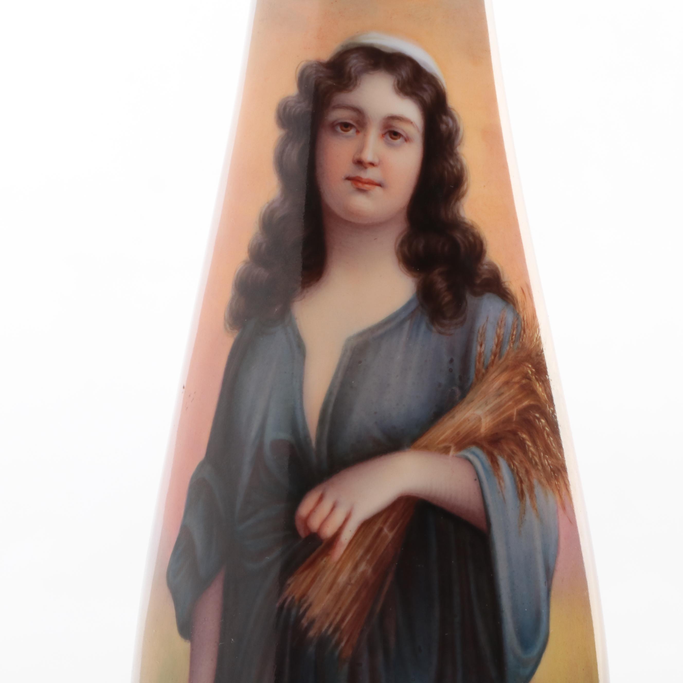 German Luscian Ware Ruth Gleaning Wheat Porcelain Vase, Early 20th Century