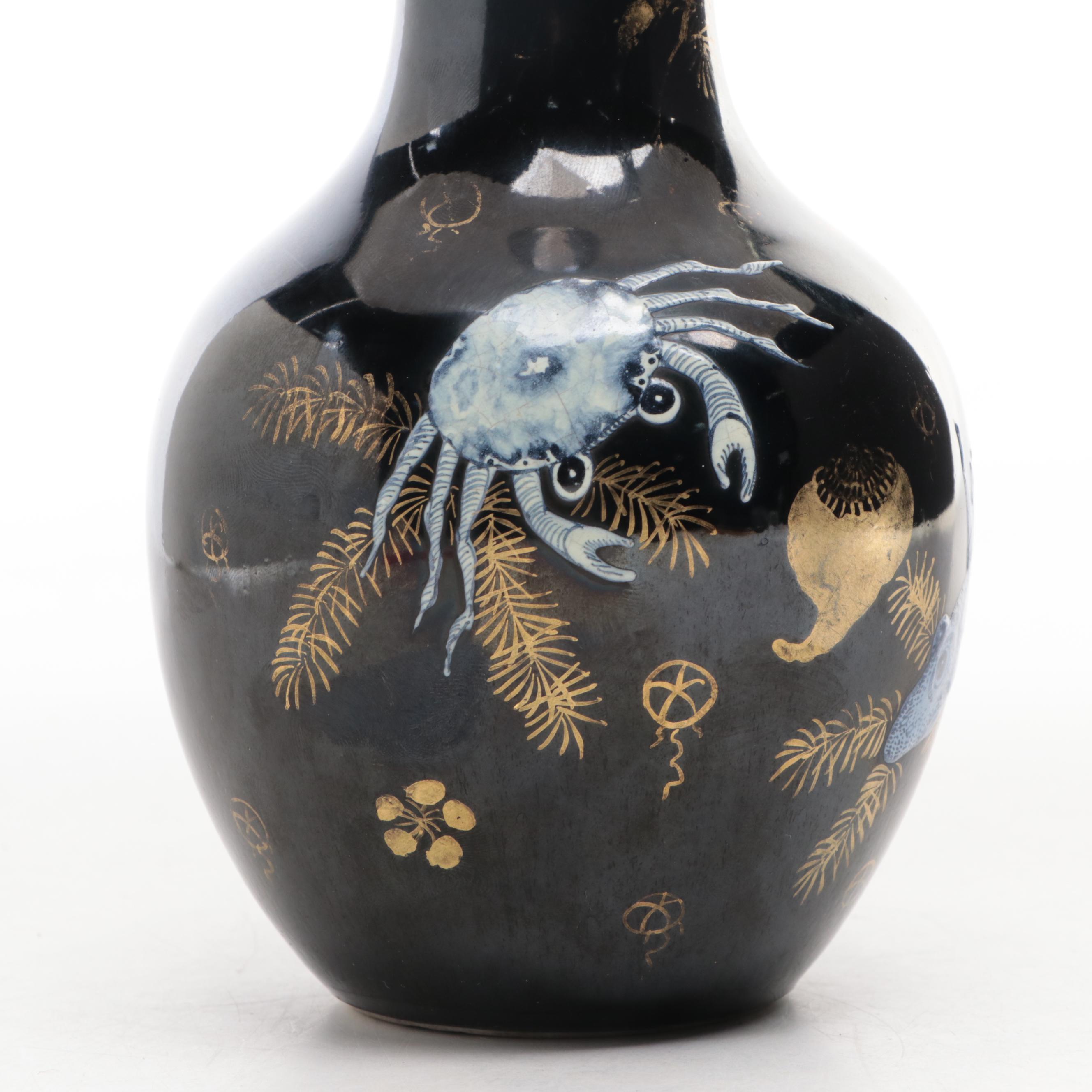 Japanese Black and Gilt Porcelain Vase with Fish and Crab Design, 19th Century