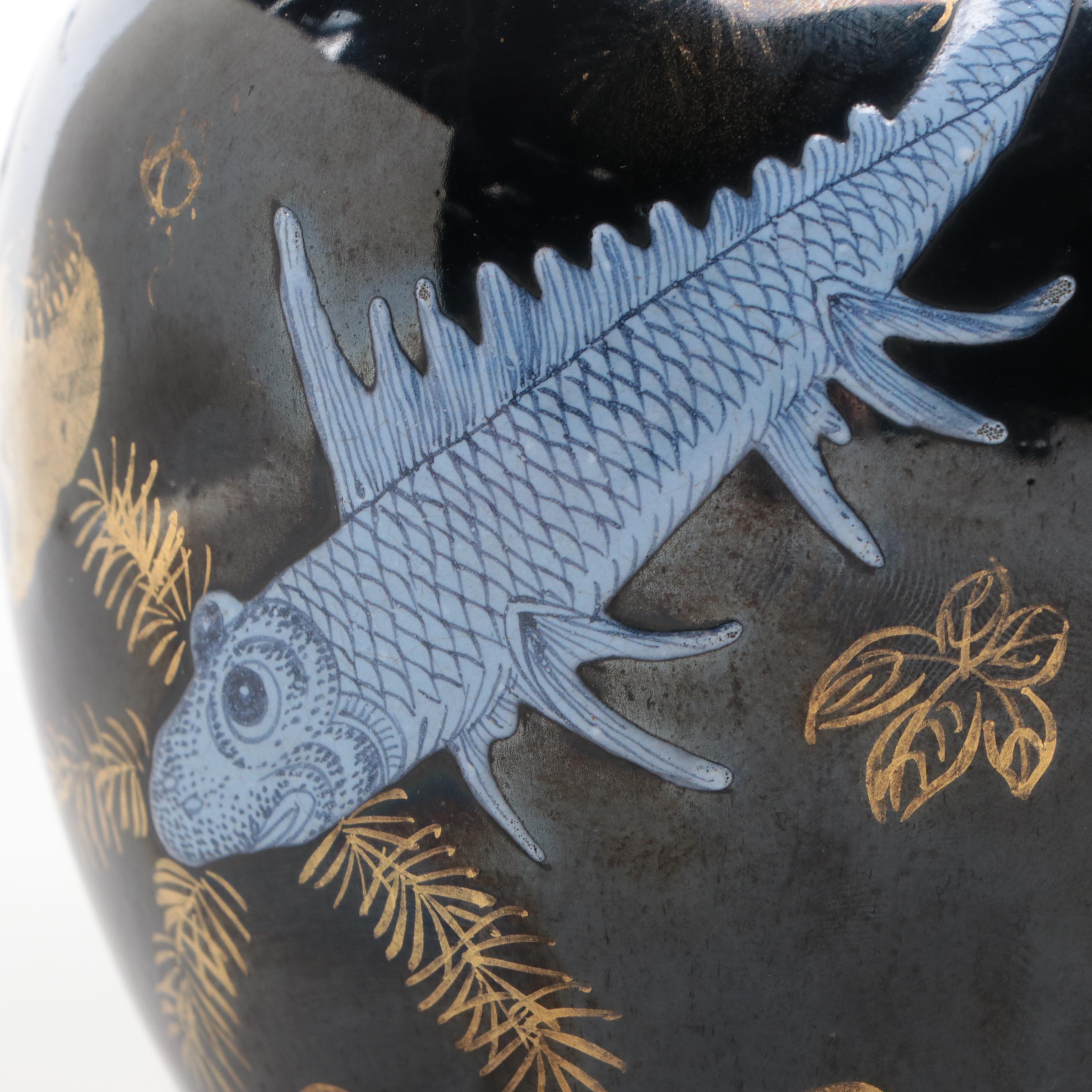 Japanese Black and Gilt Porcelain Vase with Fish and Crab Design, 19th Century