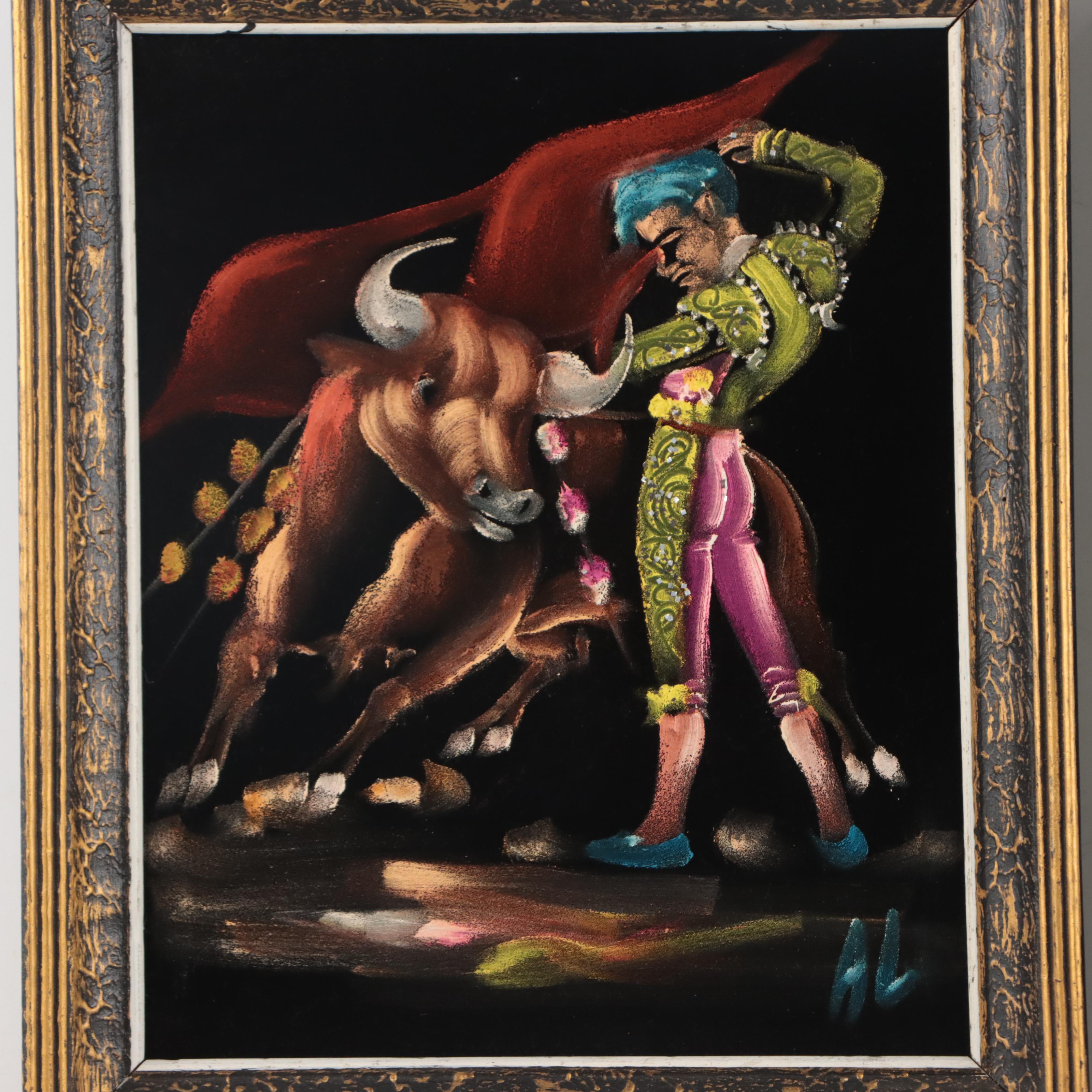 Mixed Media Paintings on Velveteen of Bull Fighting