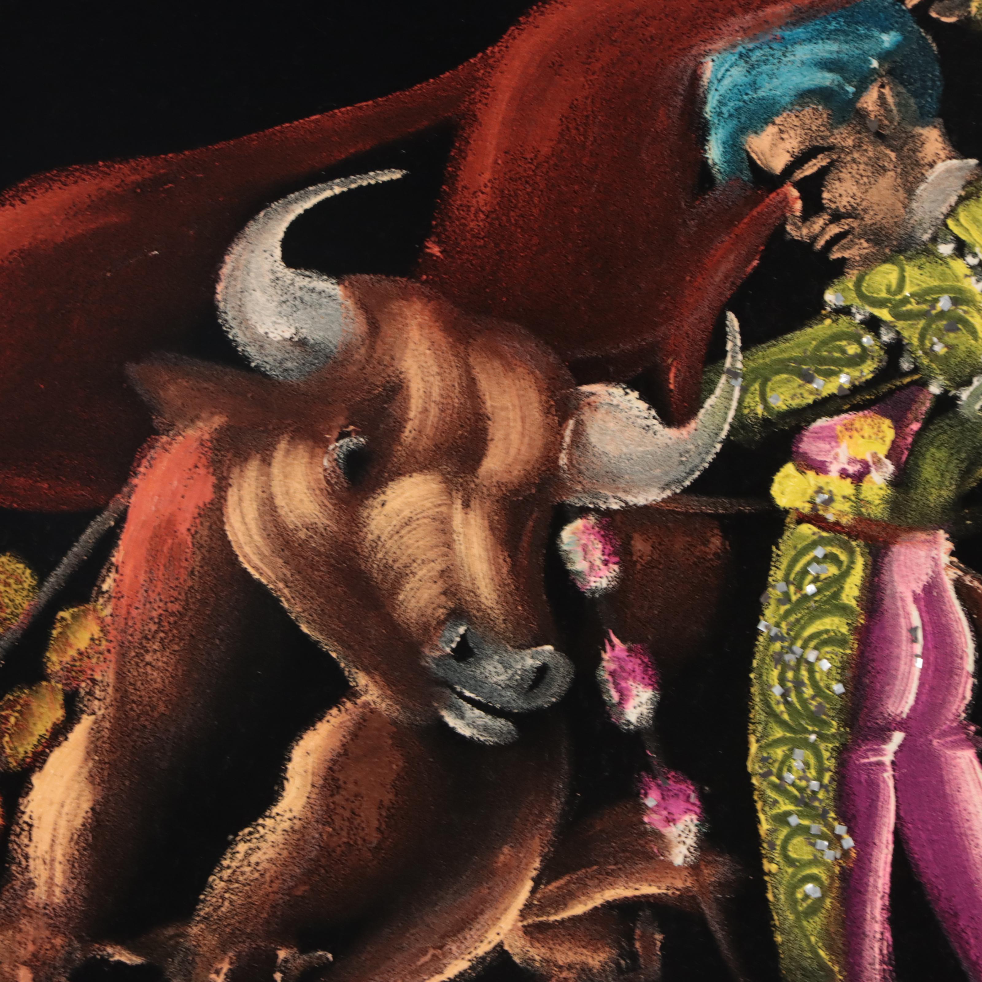 Mixed Media Paintings on Velveteen of Bull Fighting