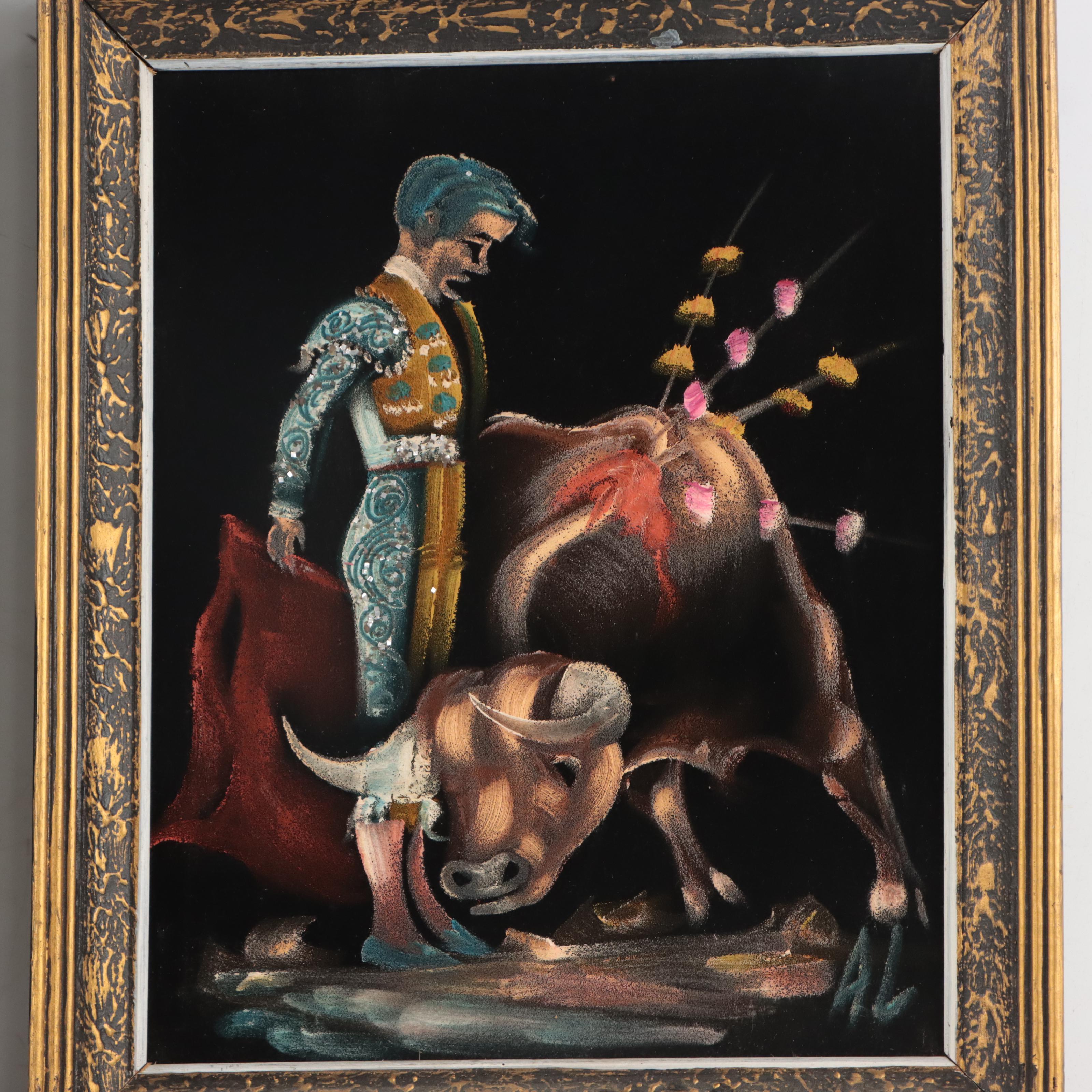 Mixed Media Paintings on Velveteen of Bull Fighting