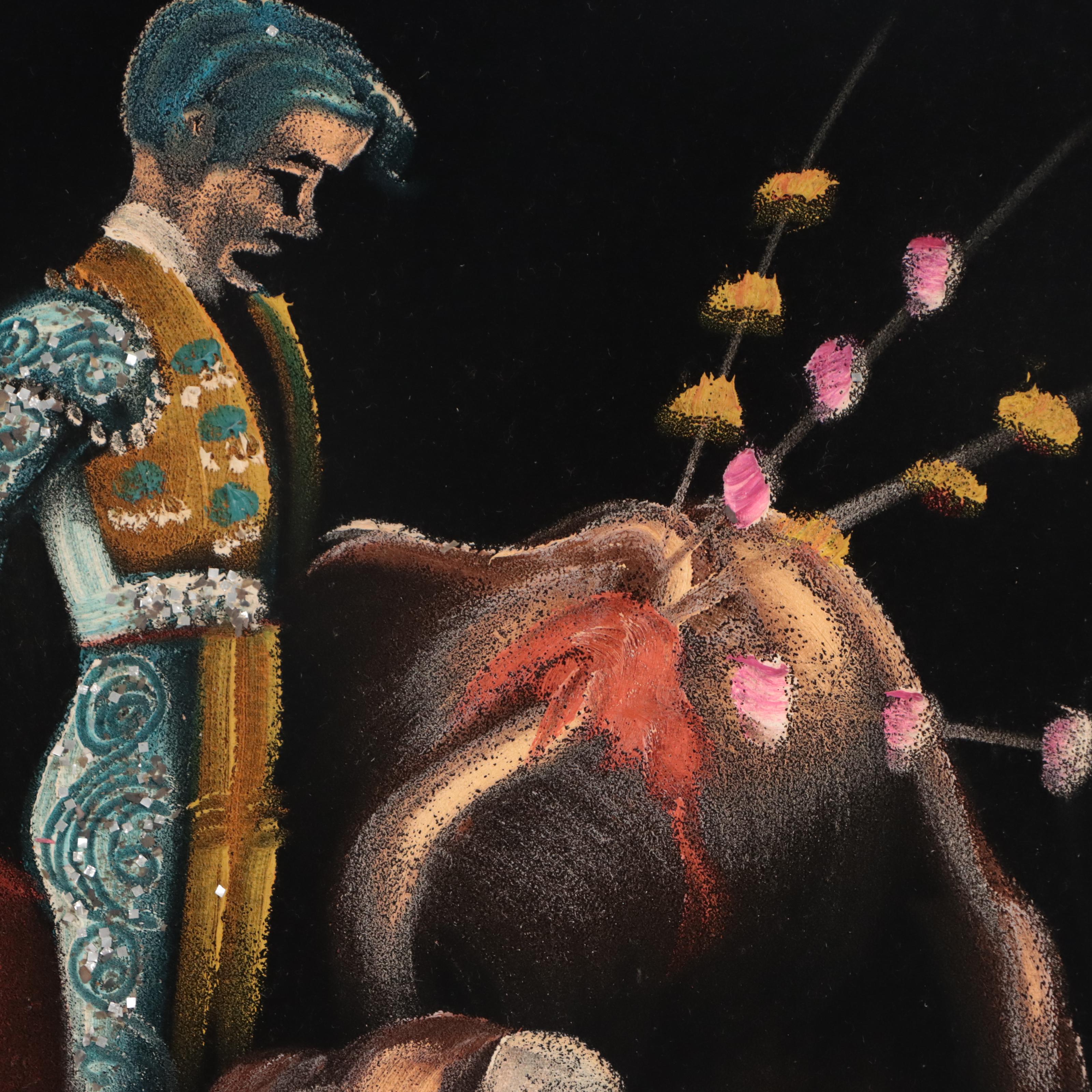 Mixed Media Paintings on Velveteen of Bull Fighting