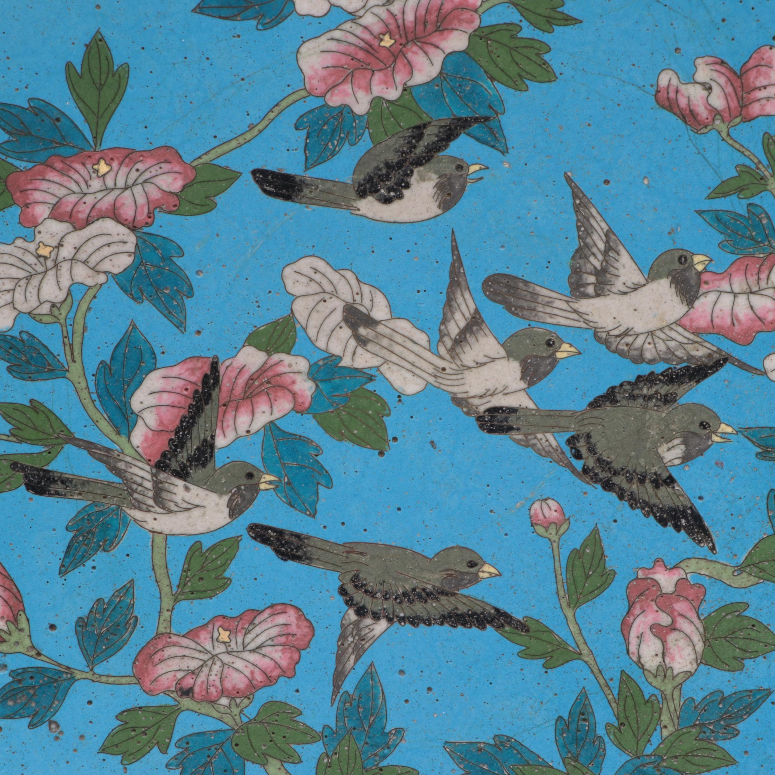 Japanese Cloisonné Bird in Garden Motif Dishes, Meiji Period