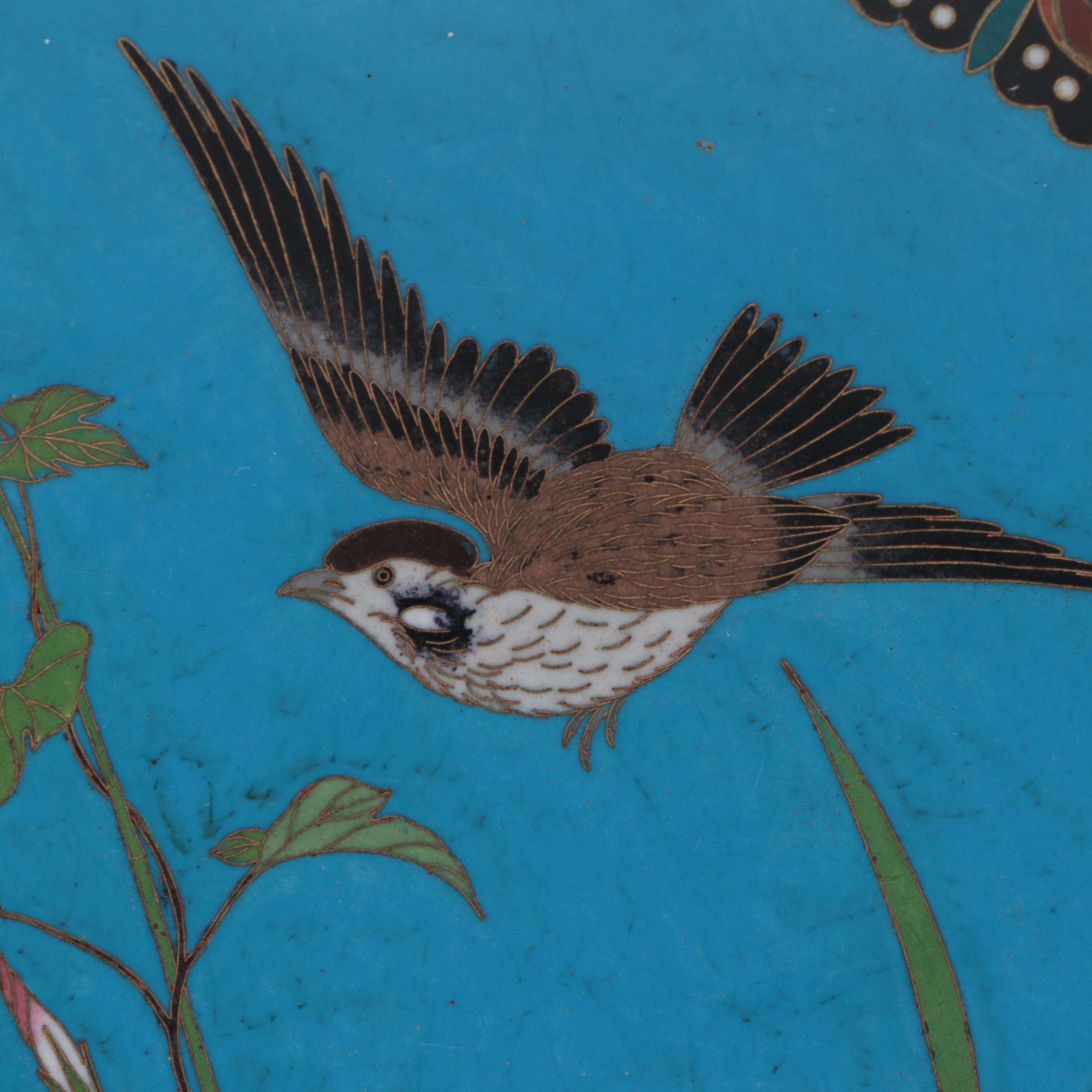Japanese Cloisonné Bird in Garden Motif Dishes, Meiji Period