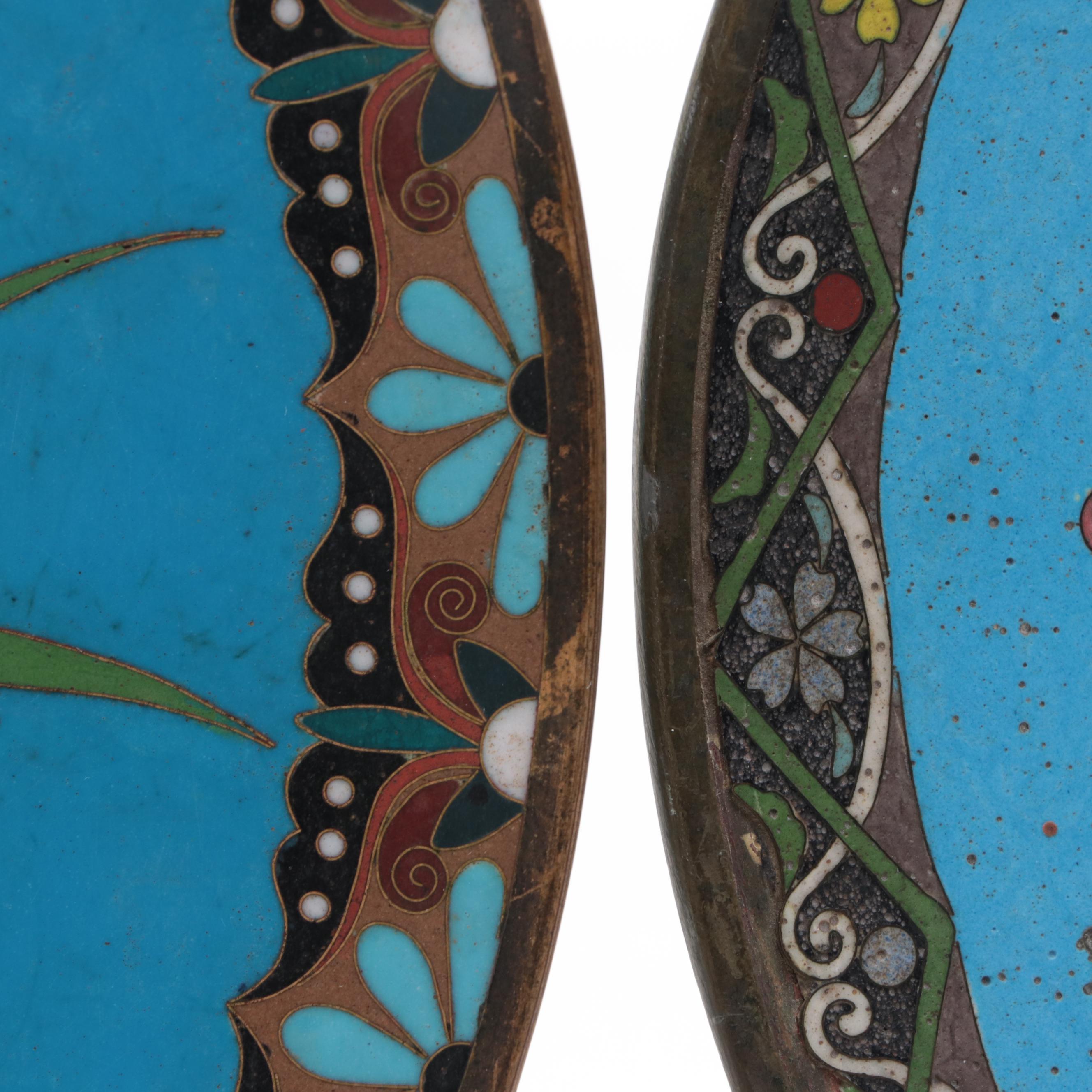 Japanese Cloisonné Bird in Garden Motif Dishes, Meiji Period