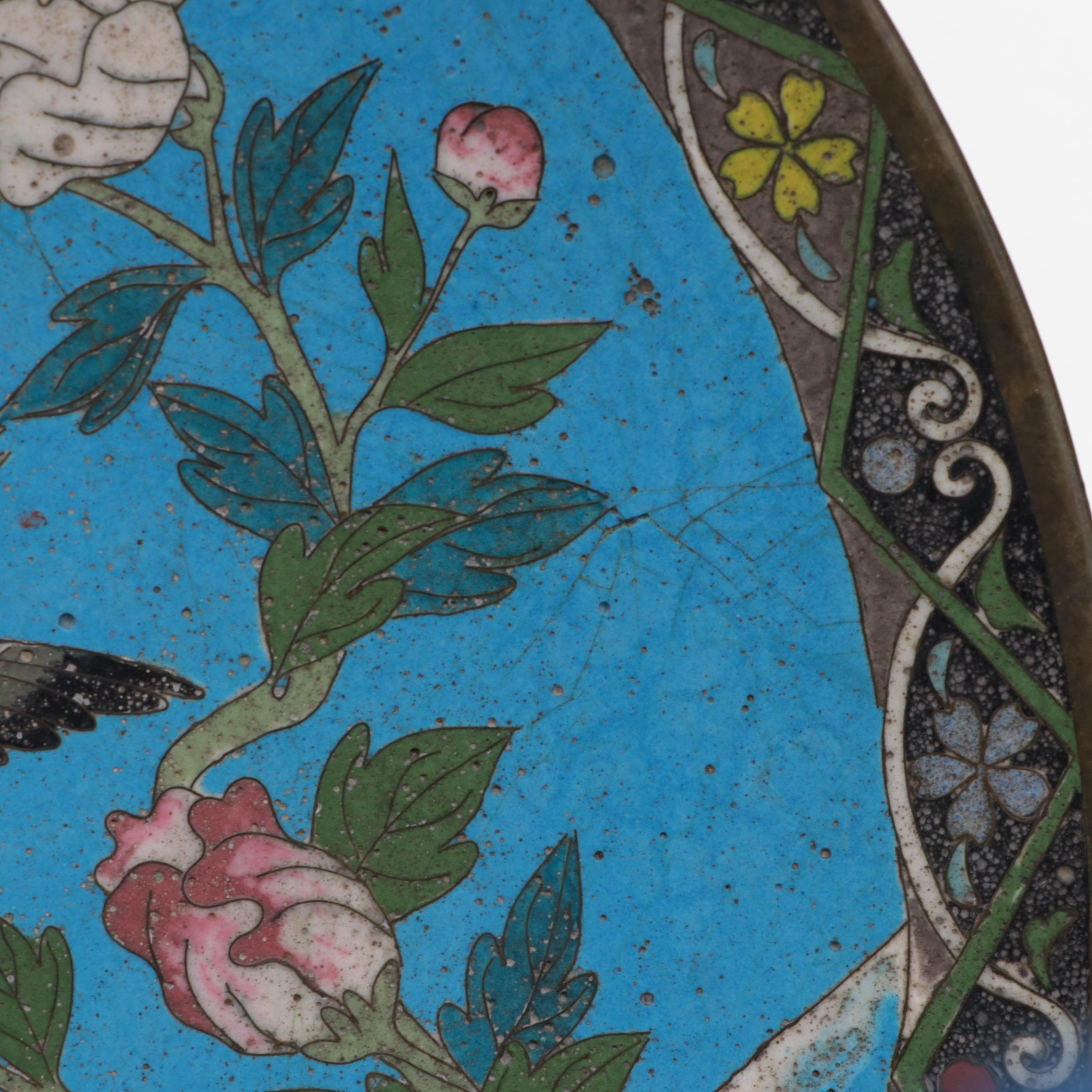 Japanese Cloisonné Bird in Garden Motif Dishes, Meiji Period