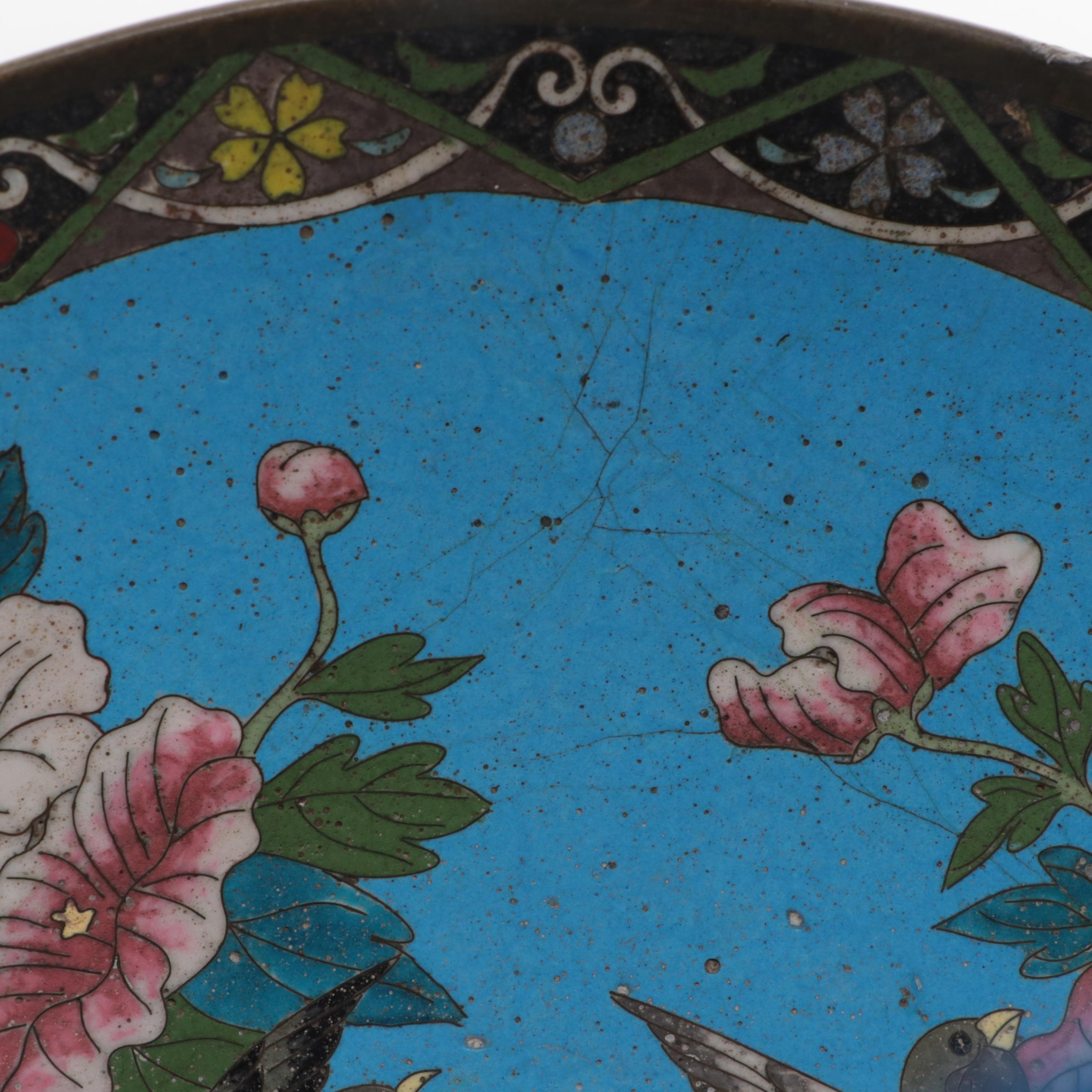 Japanese Cloisonné Bird in Garden Motif Dishes, Meiji Period