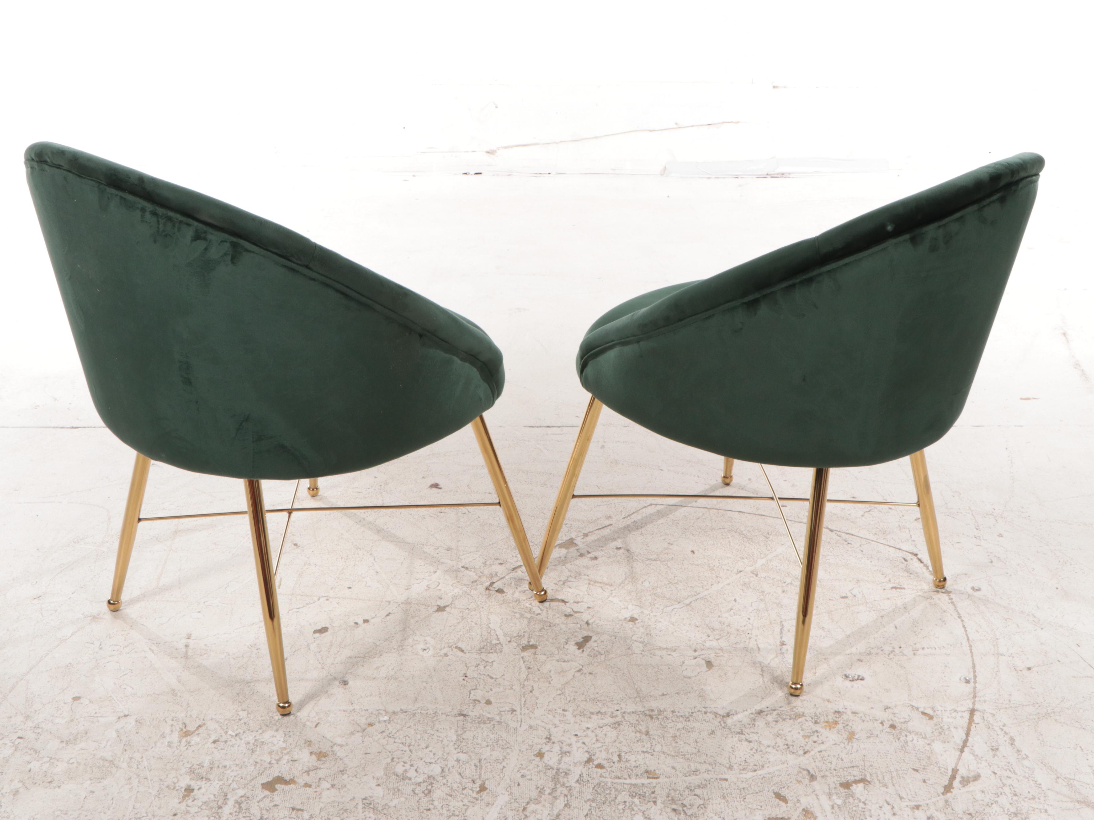 Pair of Contemporary Green-Upholstered and Gold Metal Club Chairs