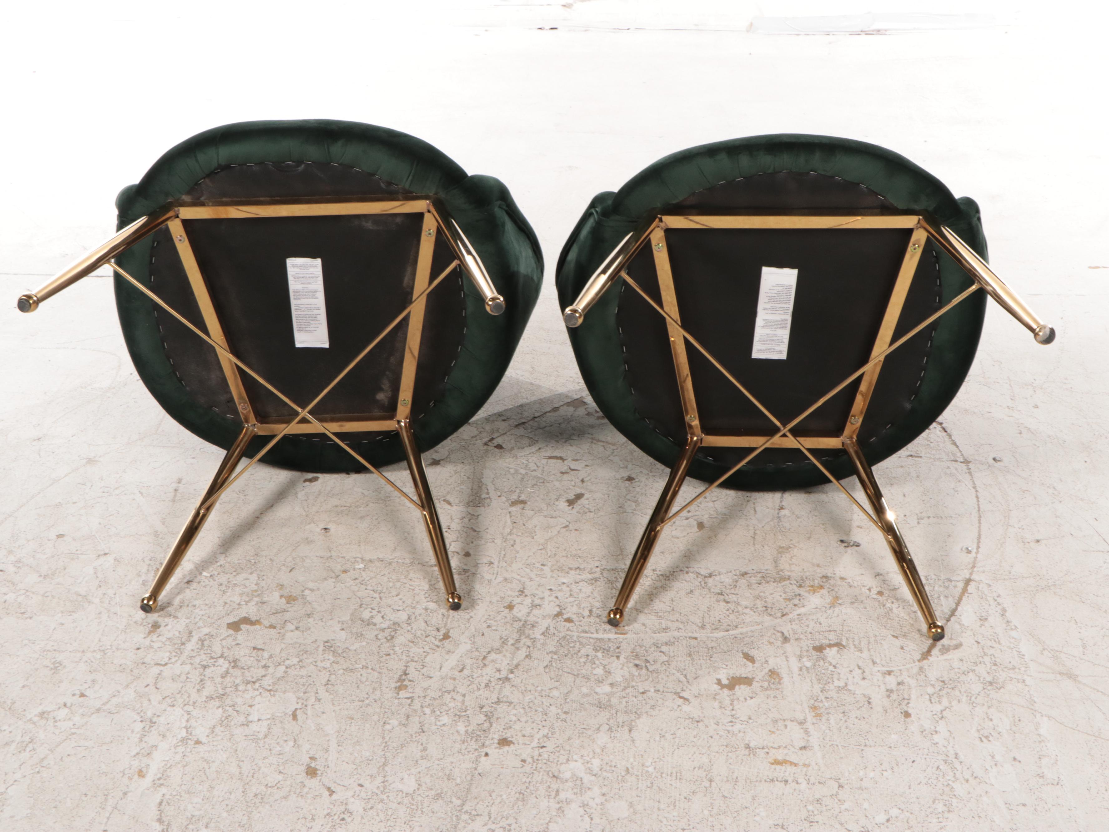 Pair of Contemporary Green-Upholstered and Gold Metal Club Chairs