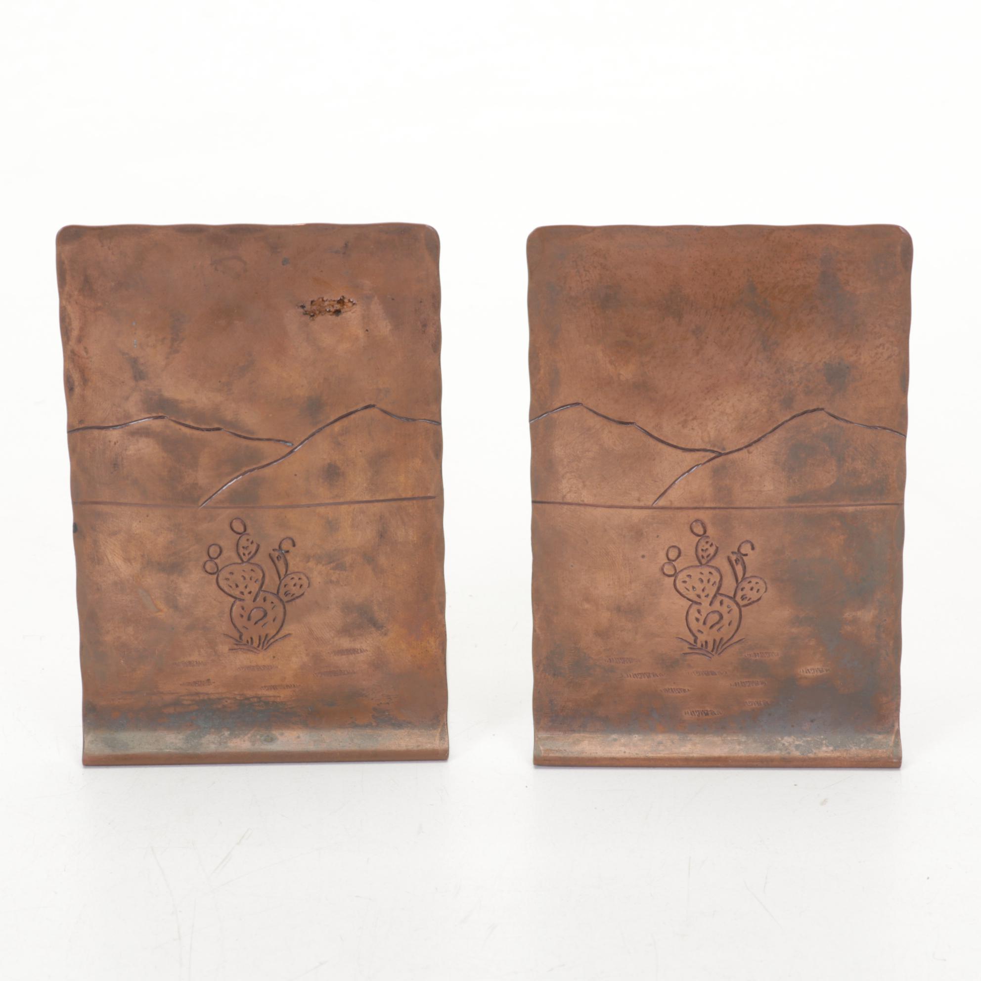 Craftsmen, Inc Copper Bookends with Copper, Glass, and Enamel Bowls and Ashtrays