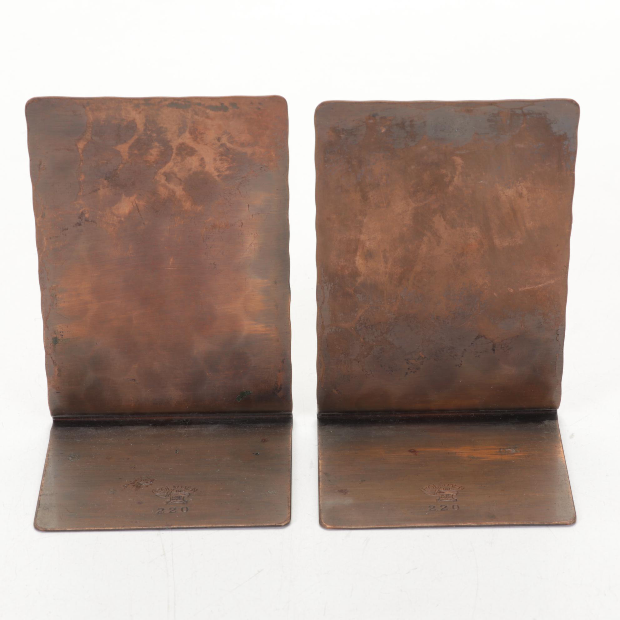 Craftsmen, Inc Copper Bookends with Copper, Glass, and Enamel Bowls and Ashtrays