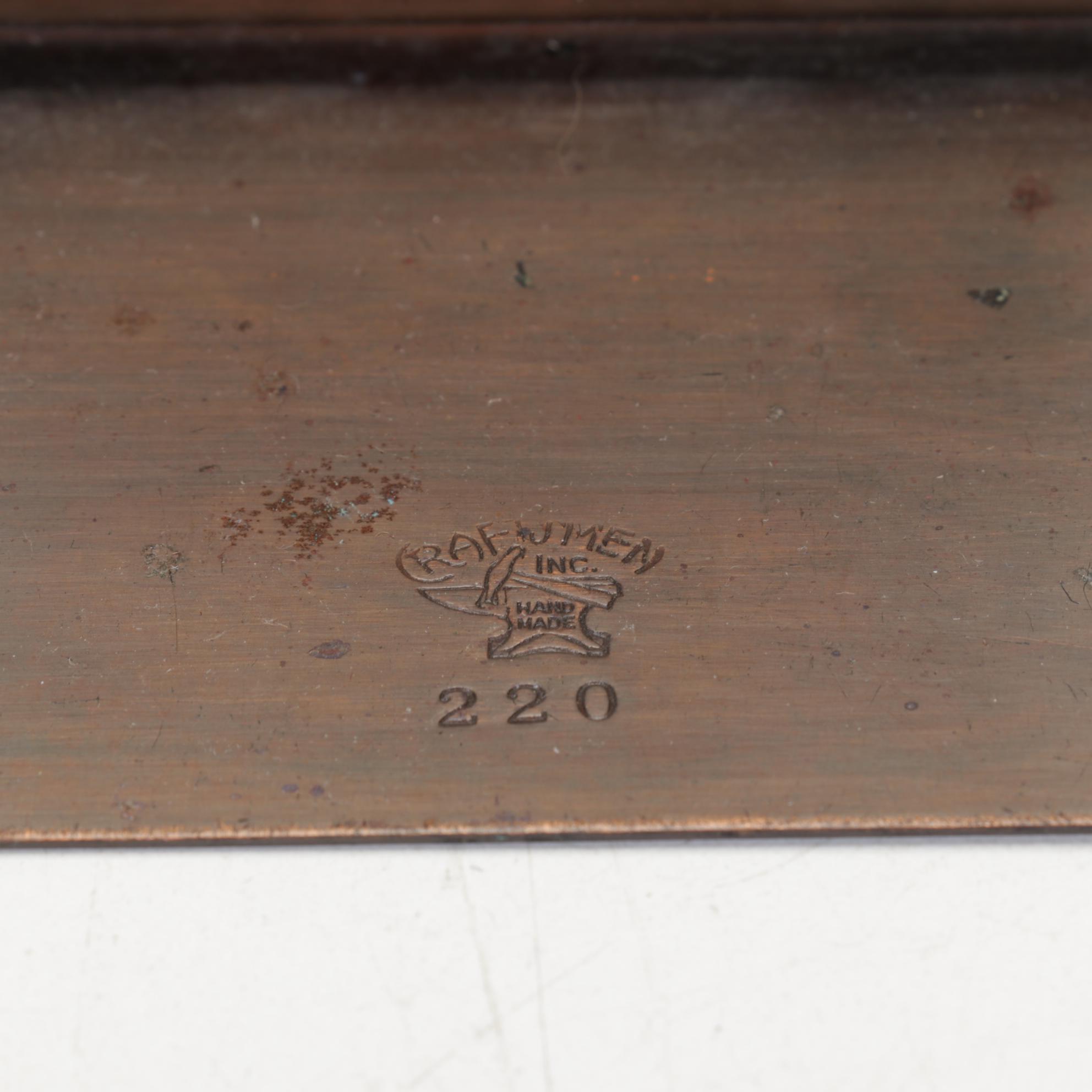 Craftsmen, Inc Copper Bookends with Copper, Glass, and Enamel Bowls and Ashtrays