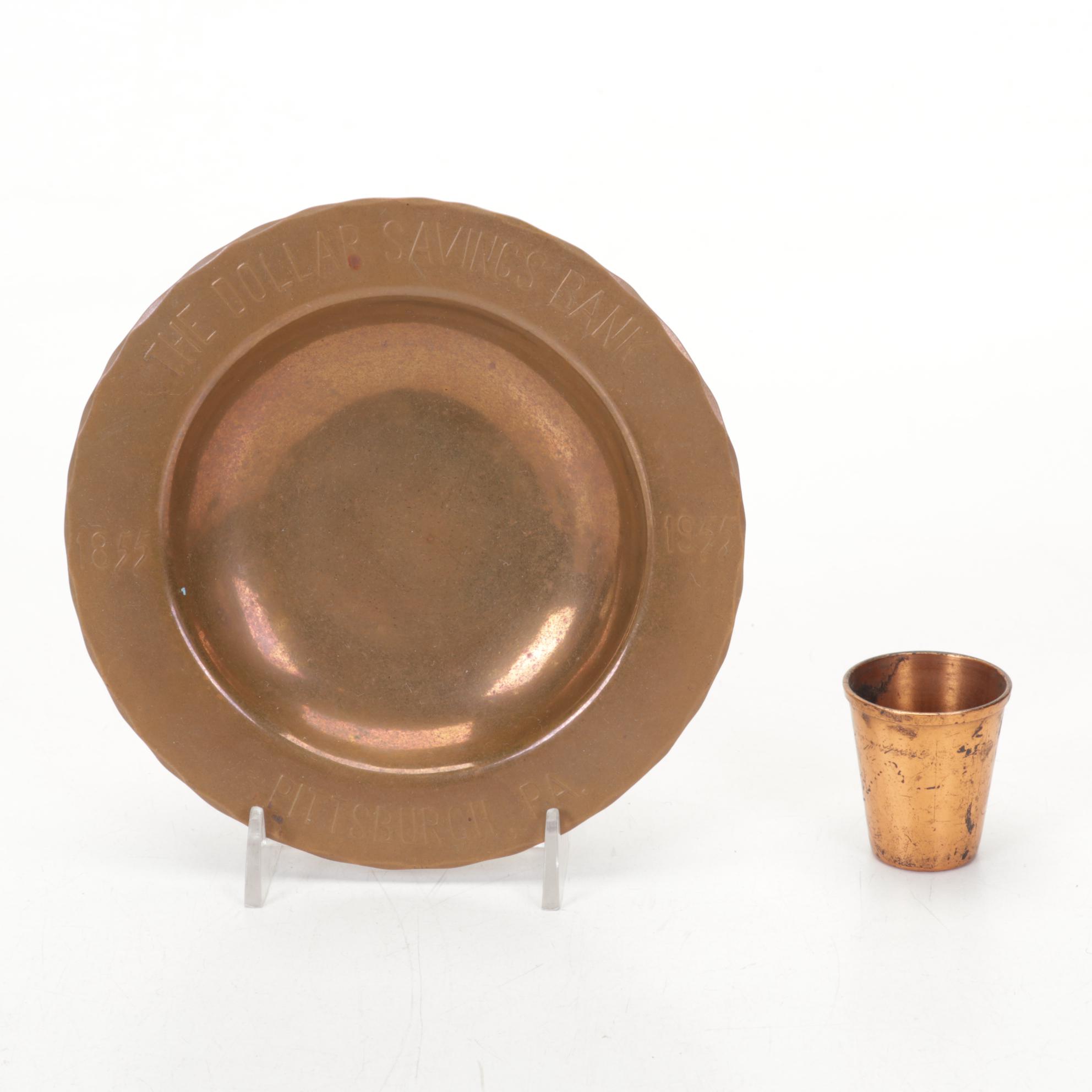 Craftsmen, Inc Copper Bookends with Copper, Glass, and Enamel Bowls and Ashtrays