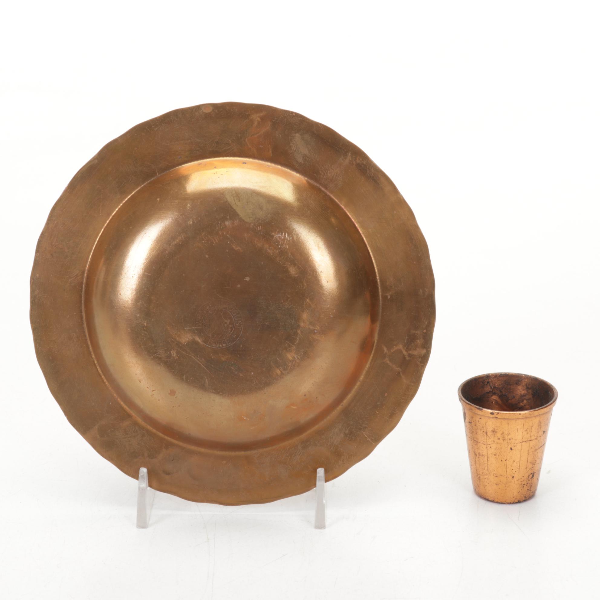 Craftsmen, Inc Copper Bookends with Copper, Glass, and Enamel Bowls and Ashtrays