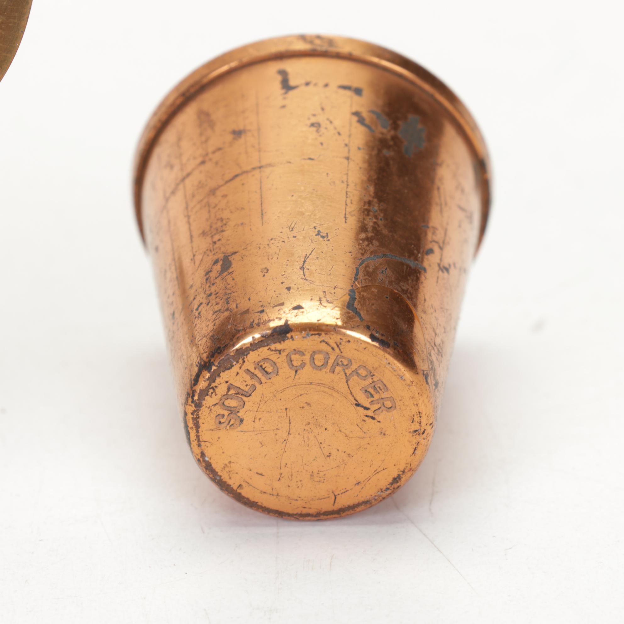 Craftsmen, Inc Copper Bookends with Copper, Glass, and Enamel Bowls and Ashtrays