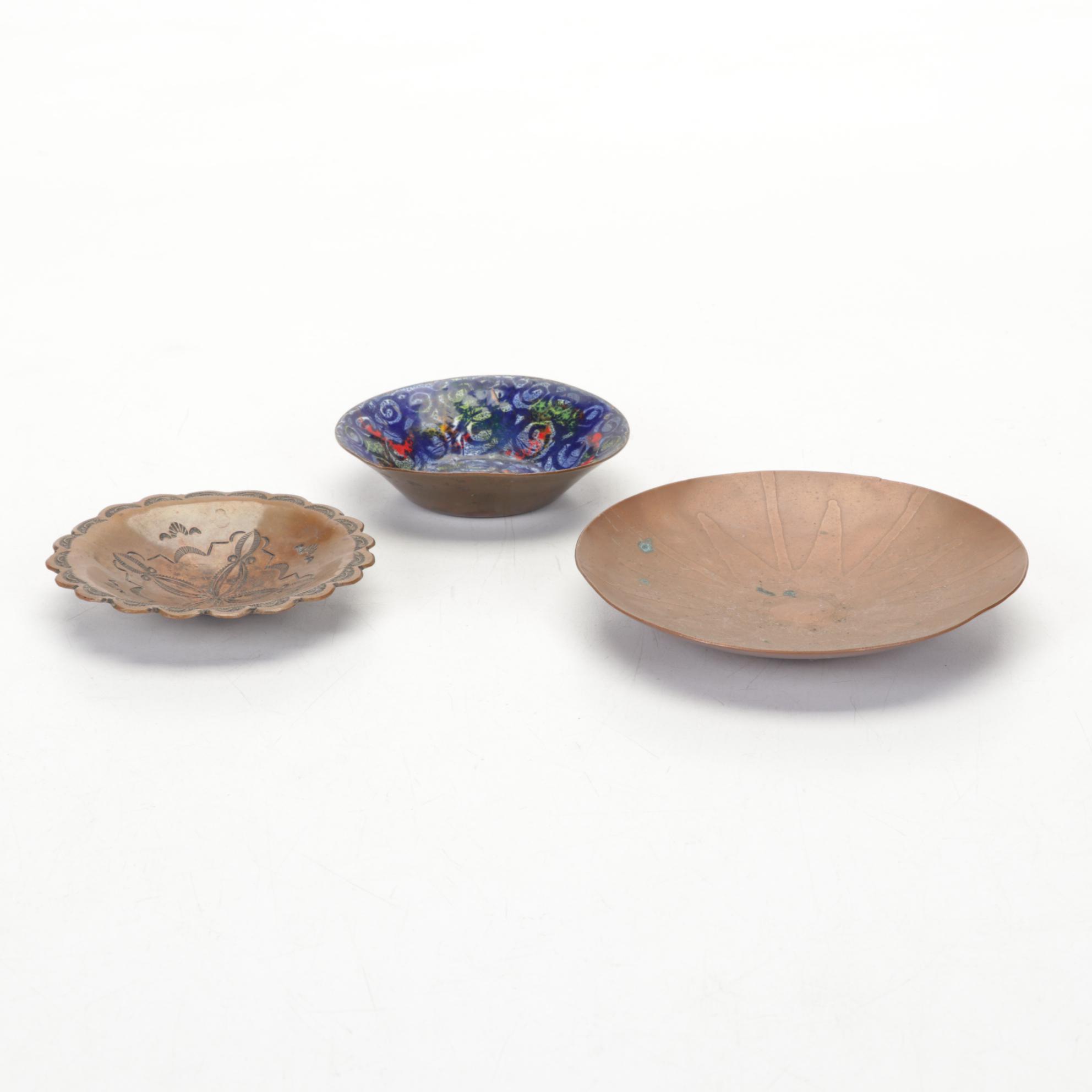 Craftsmen, Inc Copper Bookends with Copper, Glass, and Enamel Bowls and Ashtrays