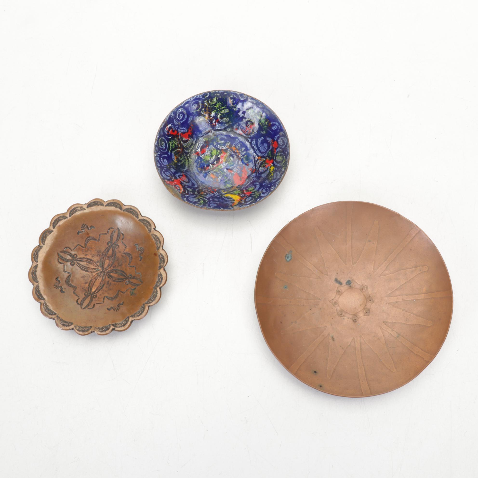 Craftsmen, Inc Copper Bookends with Copper, Glass, and Enamel Bowls and Ashtrays