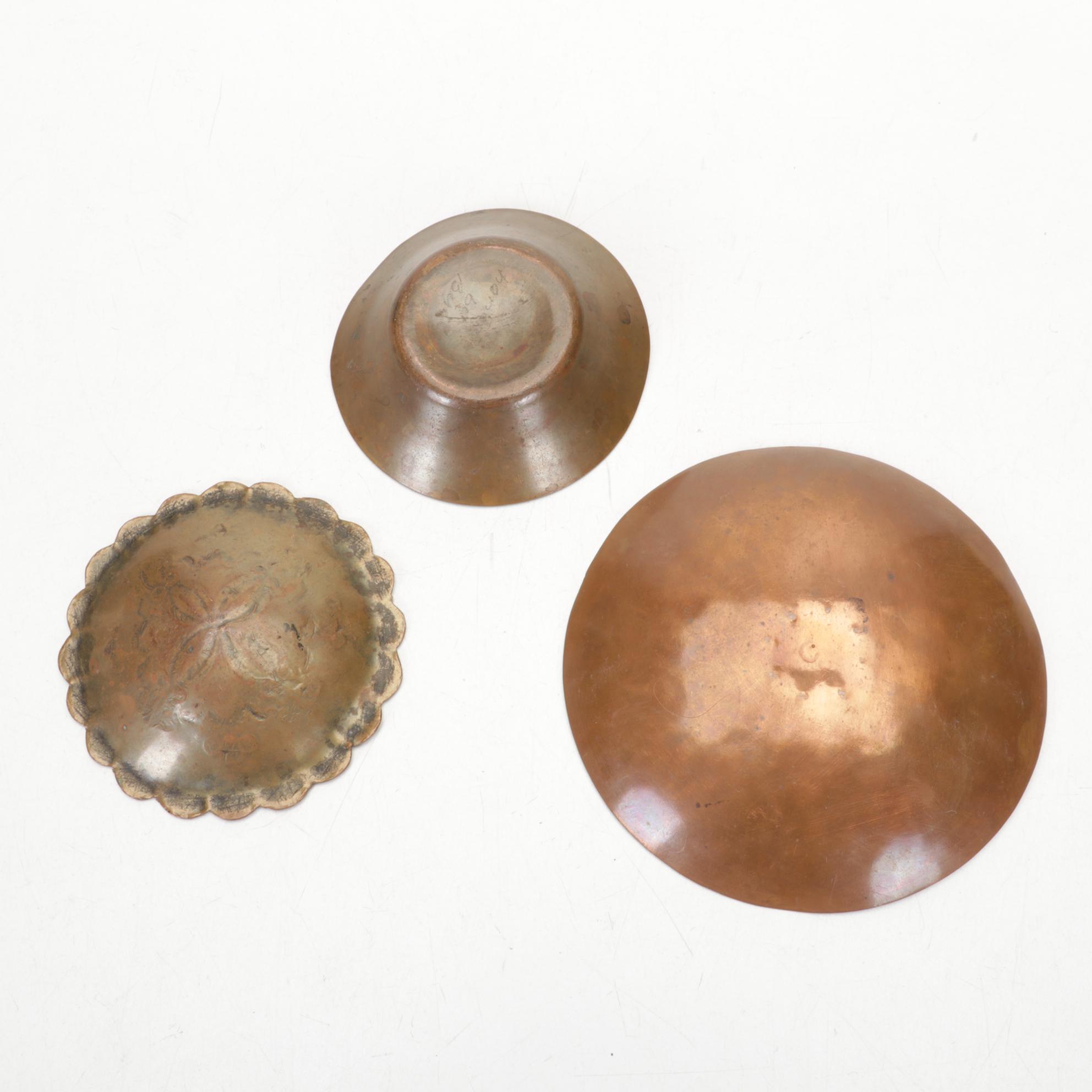 Craftsmen, Inc Copper Bookends with Copper, Glass, and Enamel Bowls and Ashtrays