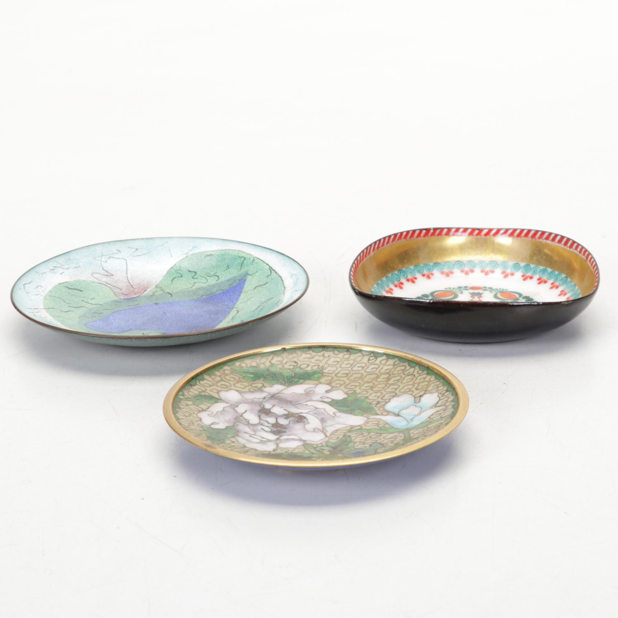 Craftsmen, Inc Copper Bookends with Copper, Glass, and Enamel Bowls and Ashtrays