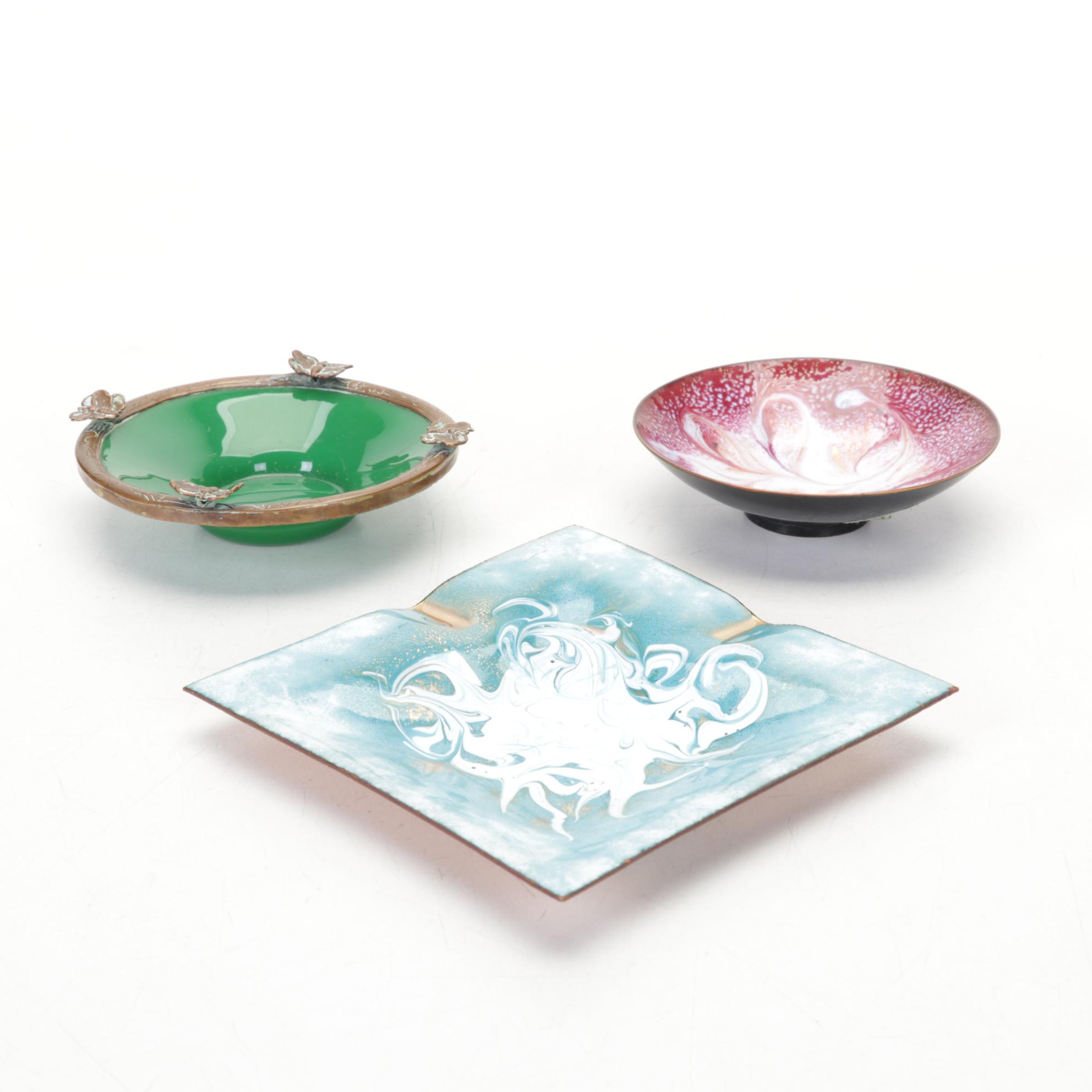 Craftsmen, Inc Copper Bookends with Copper, Glass, and Enamel Bowls and Ashtrays