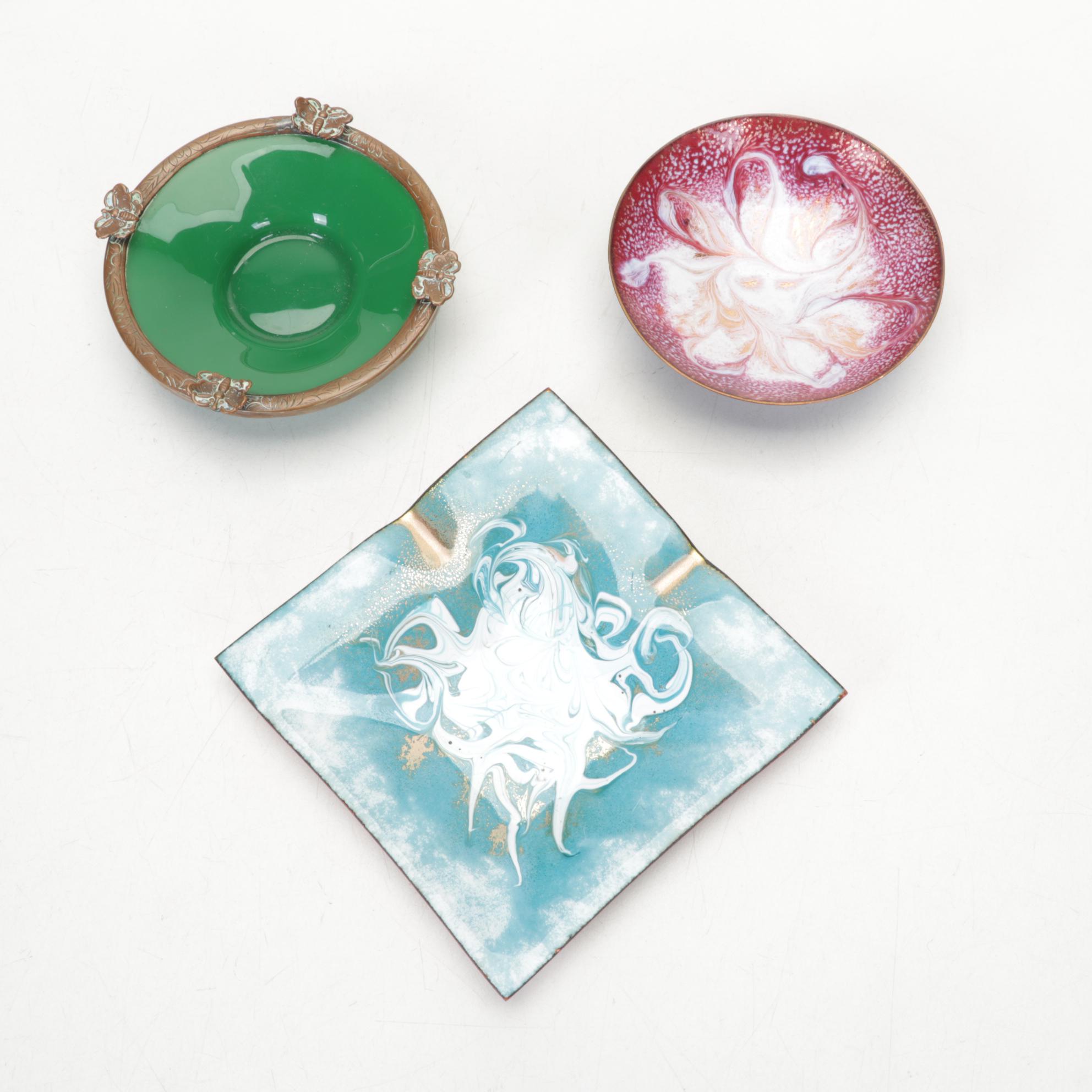 Craftsmen, Inc Copper Bookends with Copper, Glass, and Enamel Bowls and Ashtrays