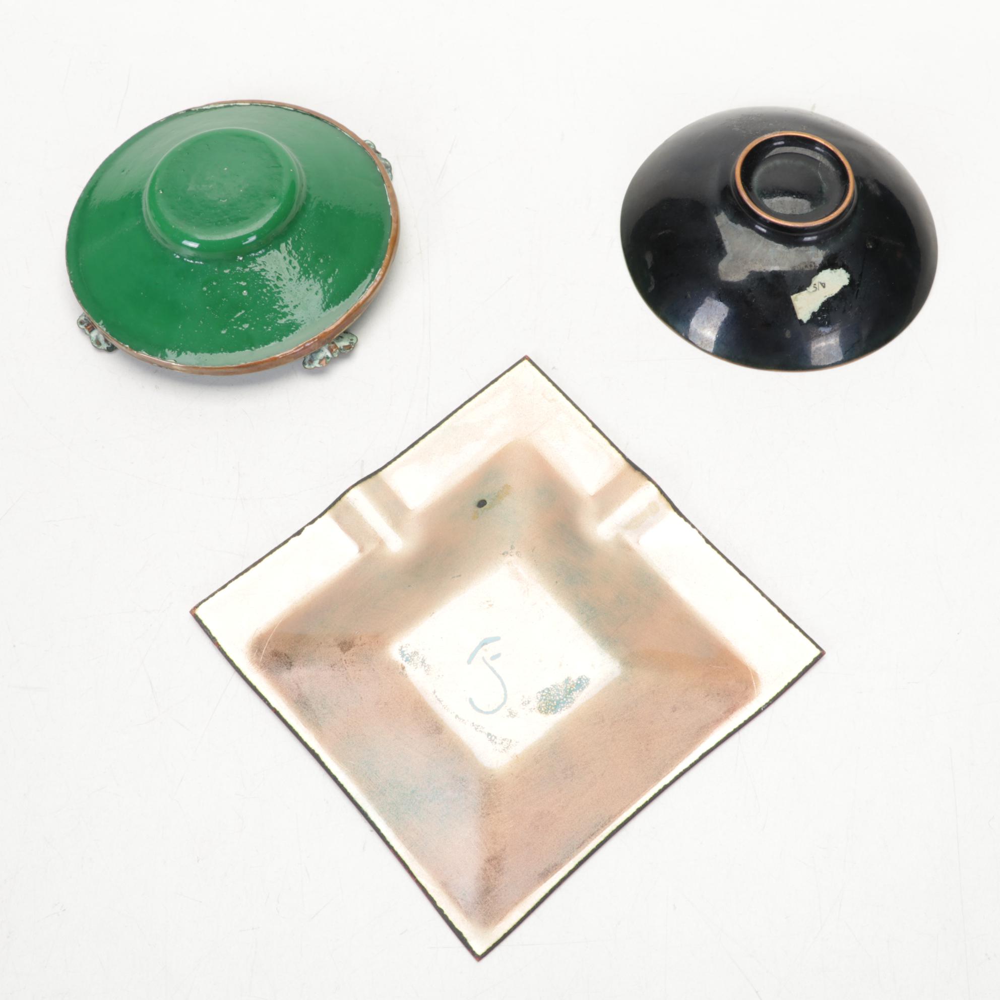 Craftsmen, Inc Copper Bookends with Copper, Glass, and Enamel Bowls and Ashtrays