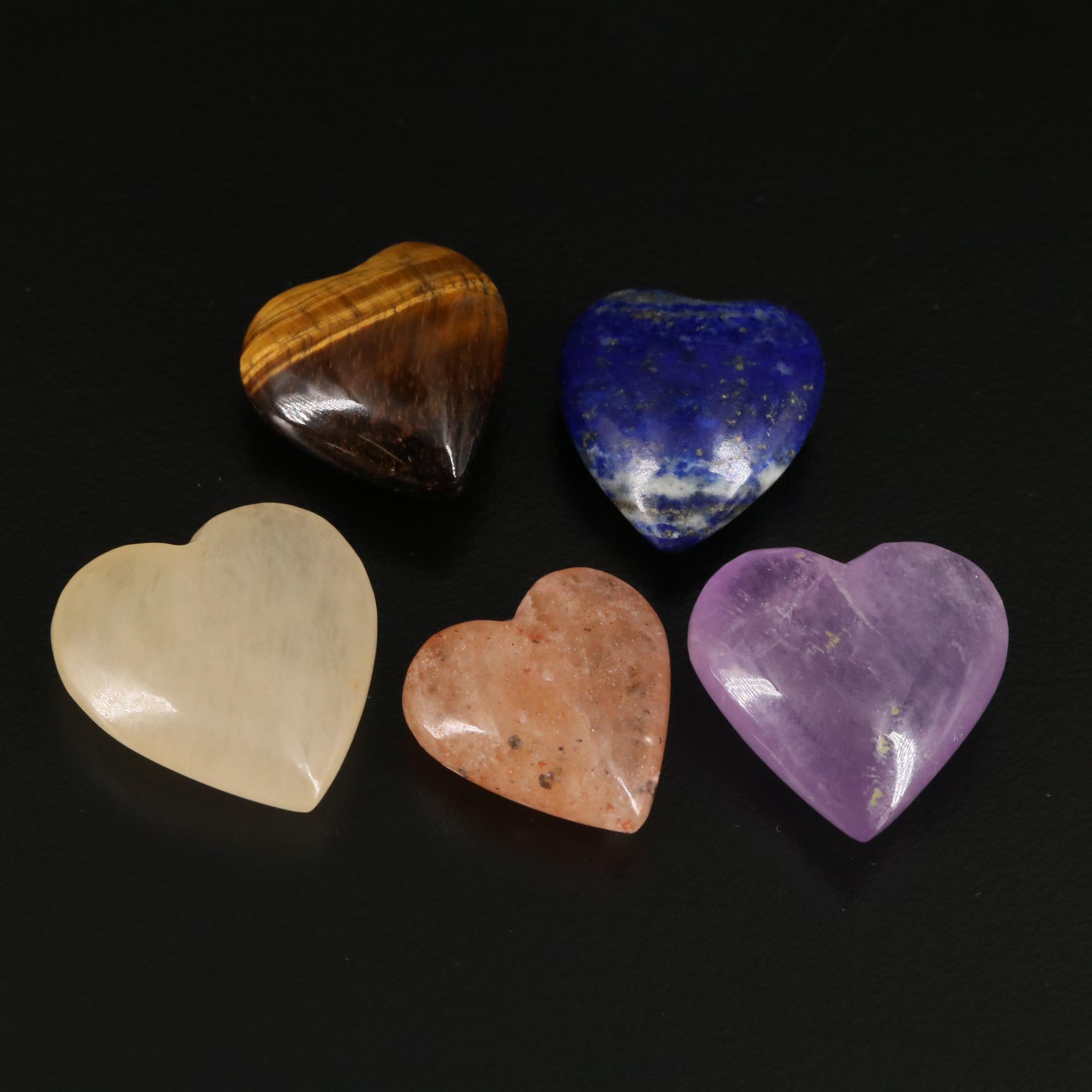 Carved and Polished Amethyst, Tiger's Eye, and Lapis Lazuli Hearts