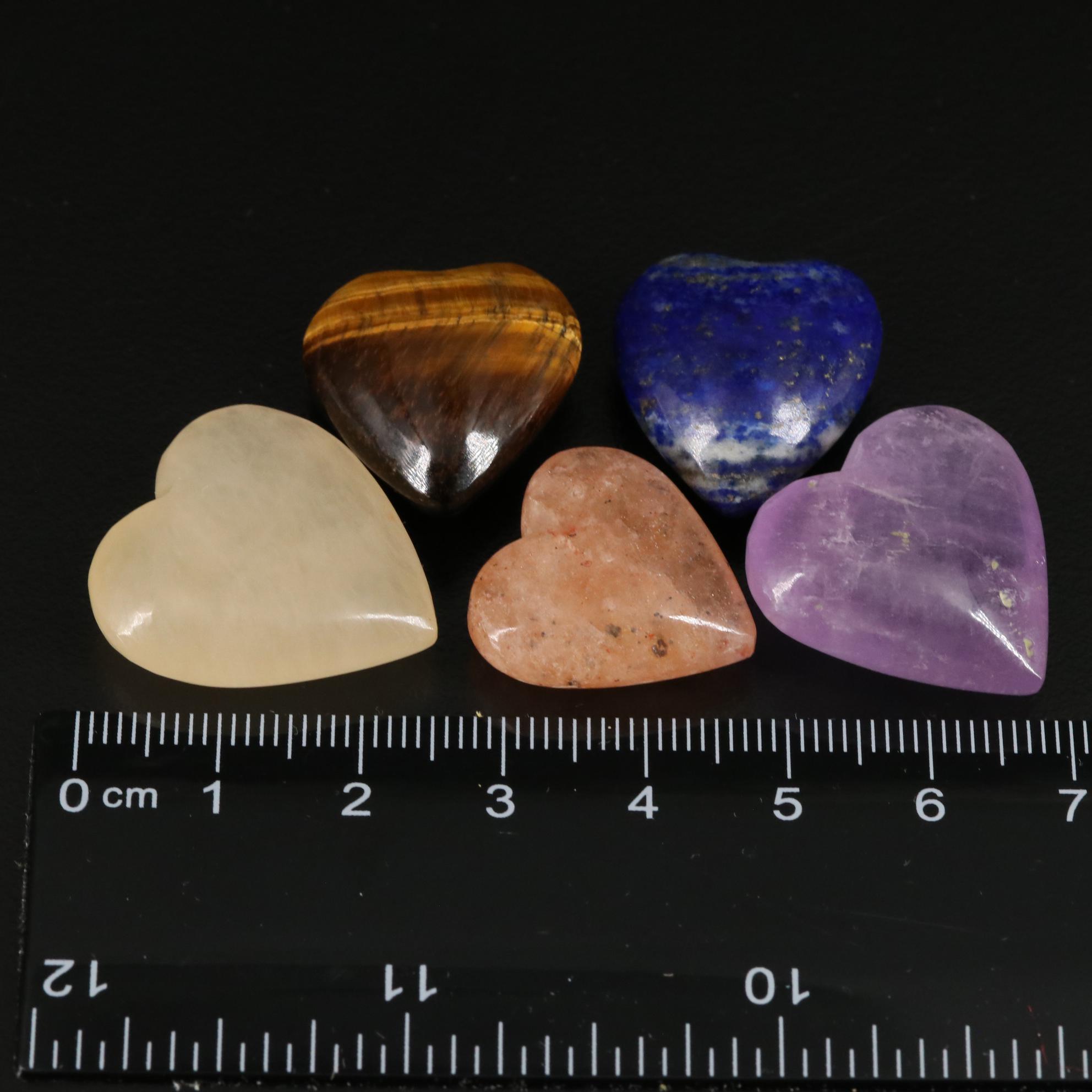 Carved and Polished Amethyst, Tiger's Eye, and Lapis Lazuli Hearts