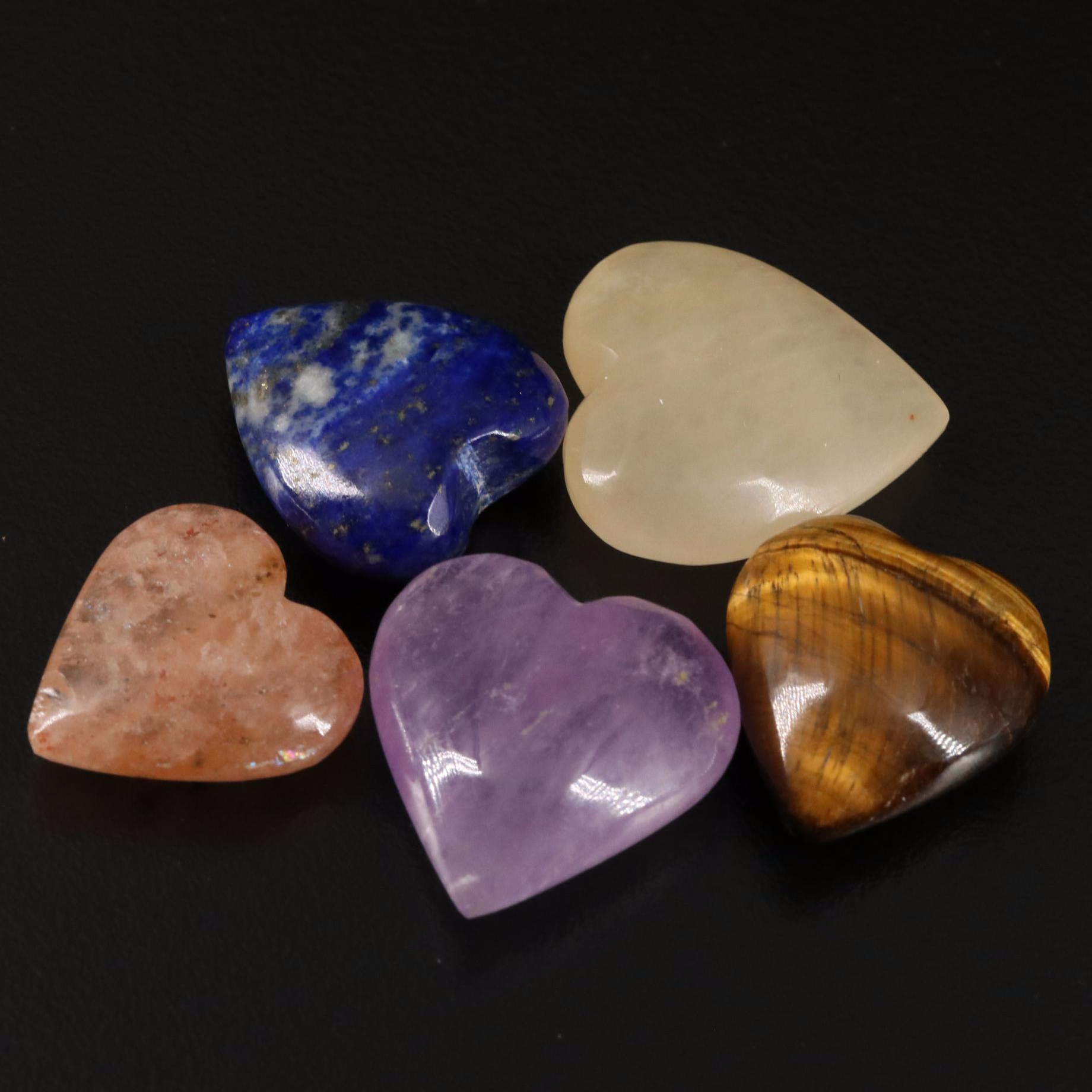 Carved and Polished Amethyst, Tiger's Eye, and Lapis Lazuli Hearts