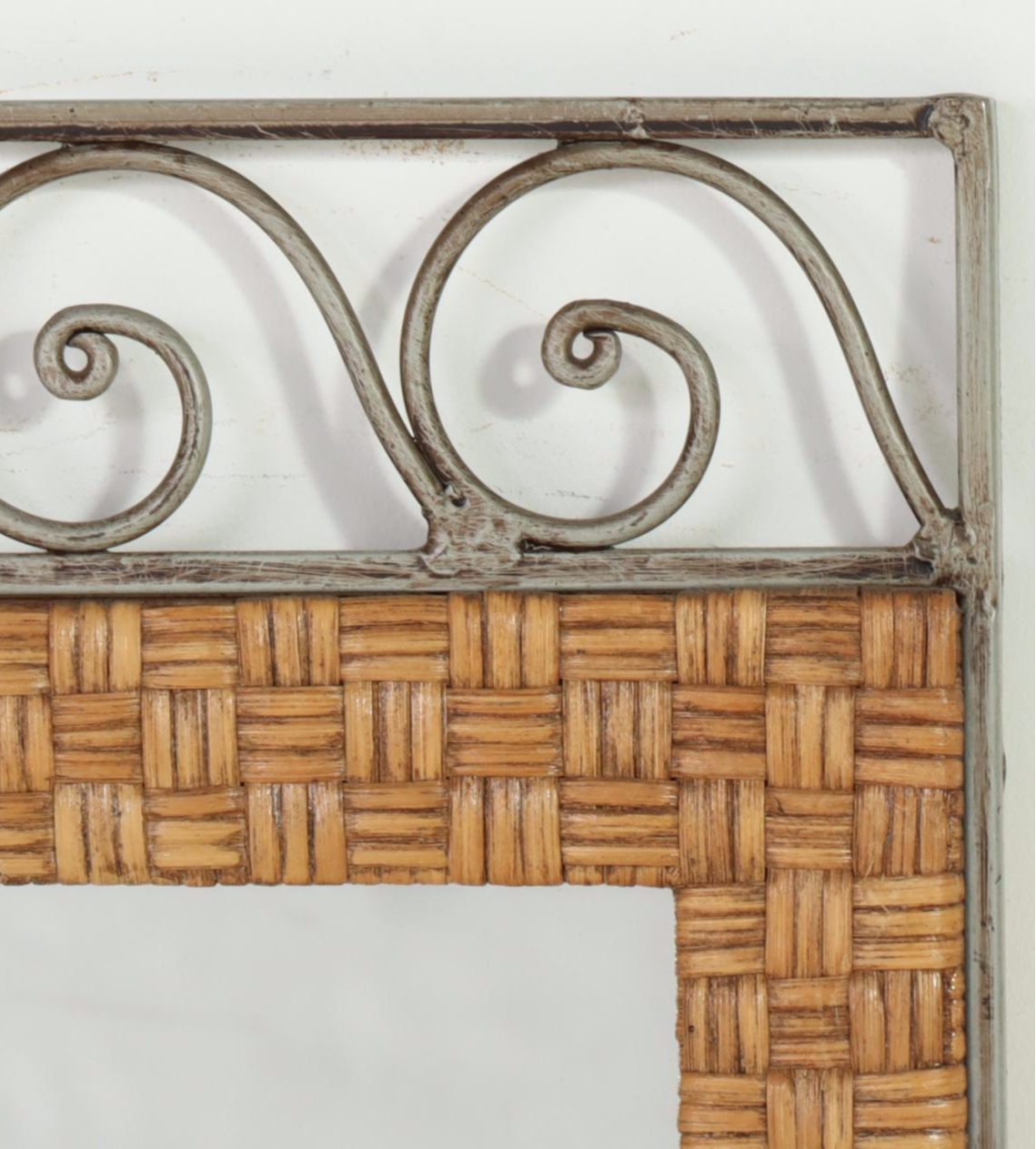 Patinated Metal and Wicker Wall Mirror