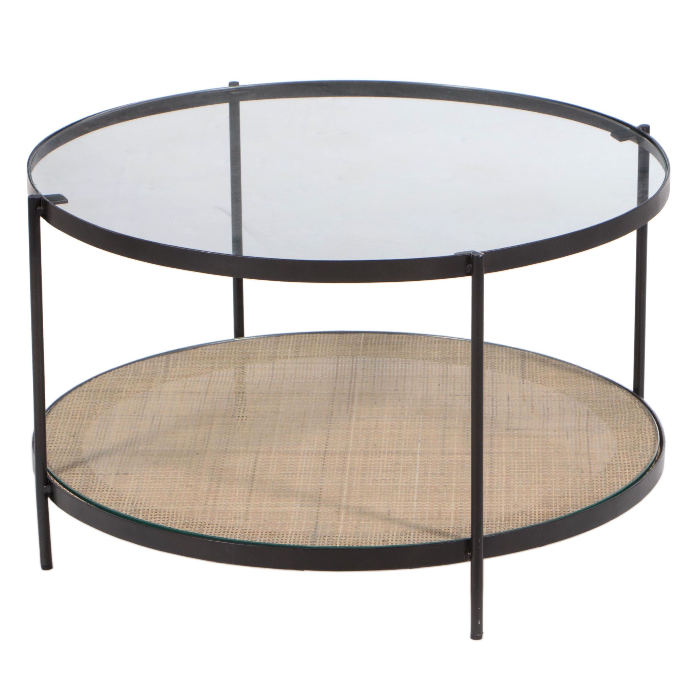 Modernist Style Metal, Glass and Cane Circular Coffee Table